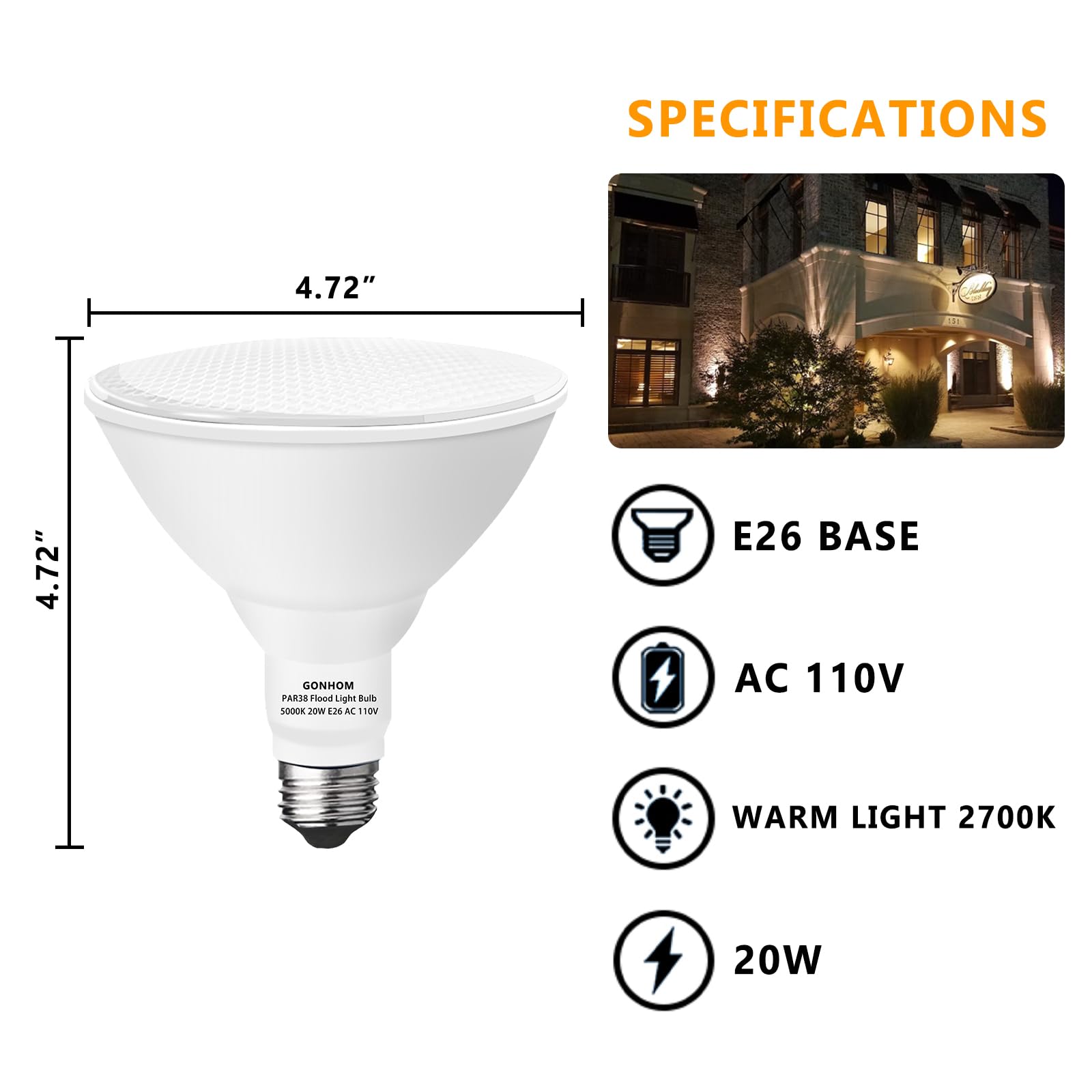 Gonhom PAR38 LED Dusk to Dawn Flood Light Bulbs, 20W (Replace 200W), 1800LM, 2 Pack, 2700K Daylight, E