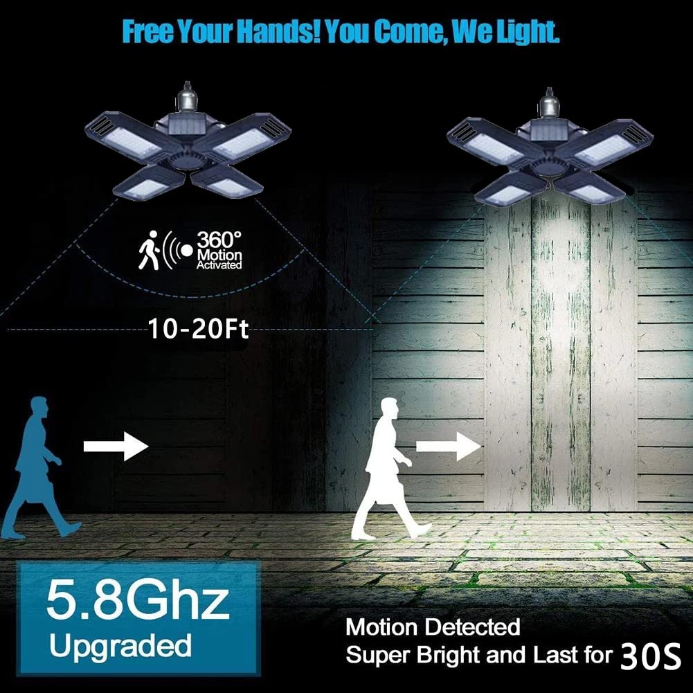 Anypowk Led Garage Lights With Motion Sensor - 12000 Lumen 6500K Daylight 120W, Four Leaf Garage Organization Ceiling Lighting
