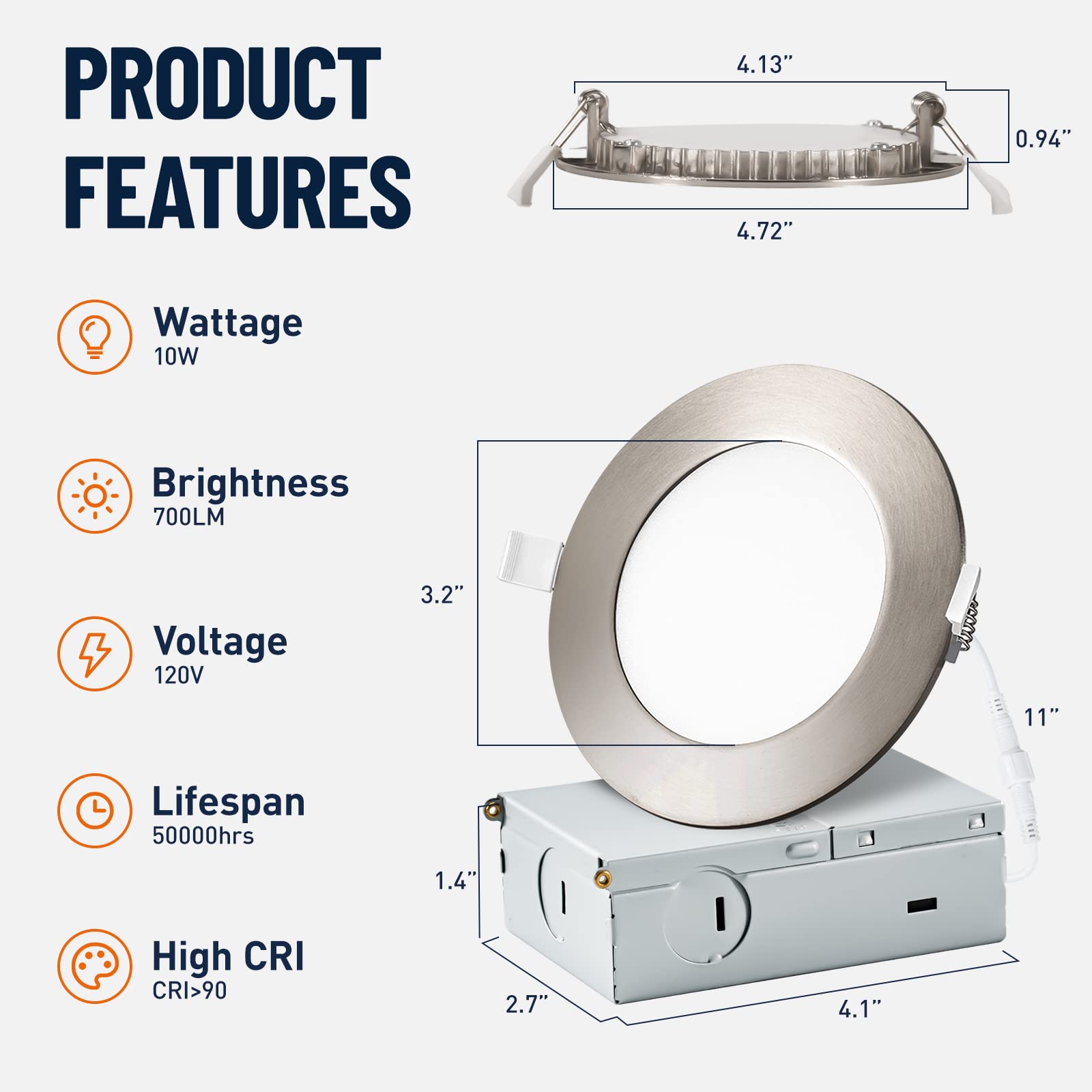12 Pack Recessed Lighting 4 Inch with Junction Box, 5CCT 4 Inch Brushed Nickel LED Recessed Lights Dimmable 2700K-6000K, 9W 700l