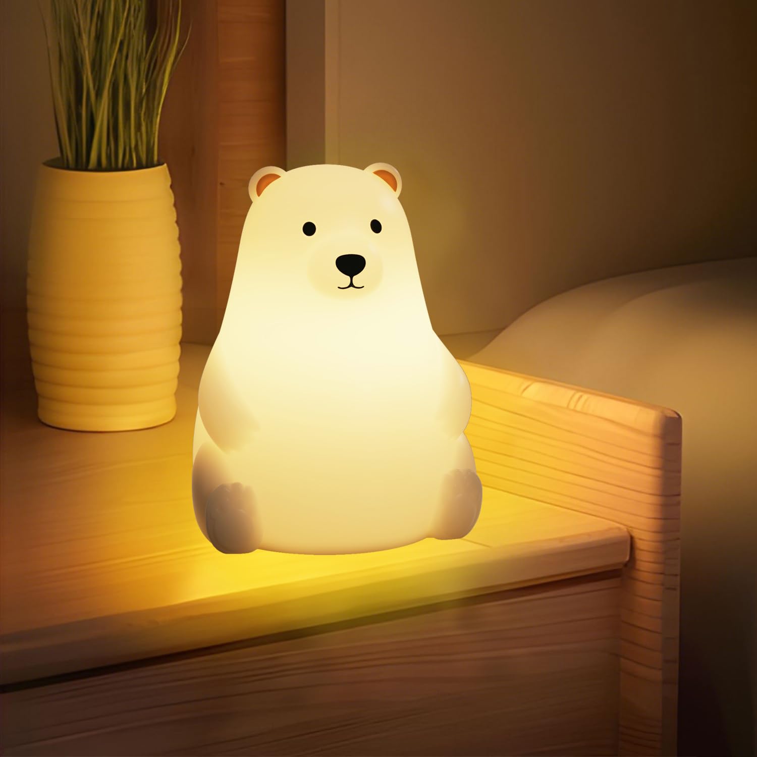 DNBFLLK Polar Bear Silicone Night Light for Kids Nursery Bedroom - Tap Control, 3 Adjustable Brightness, USB Rechargeable, Child