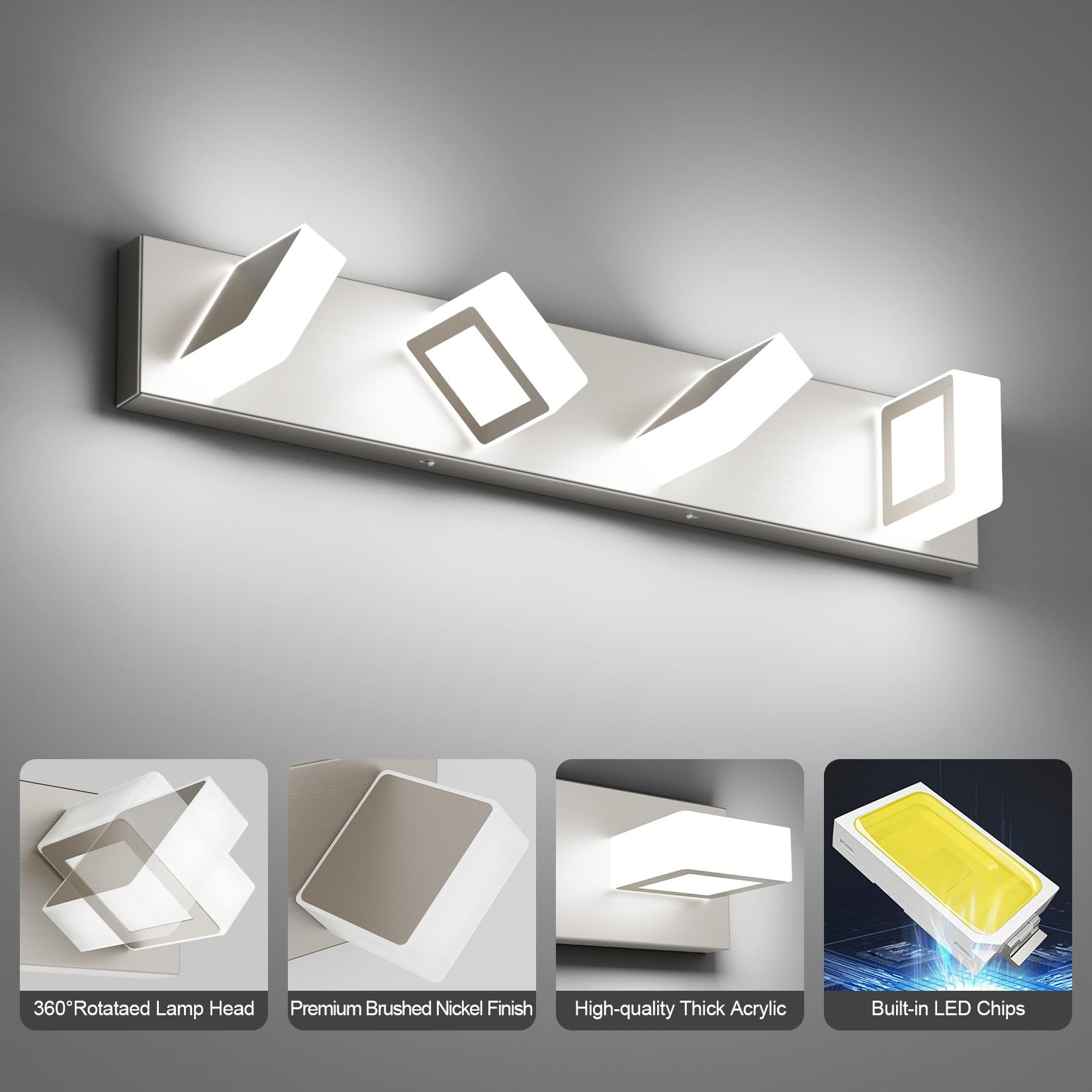 Ralbay 4-Light Vanity Light, Brushed Nickel, Metal & Acrylic, 26 inch, Model 8590