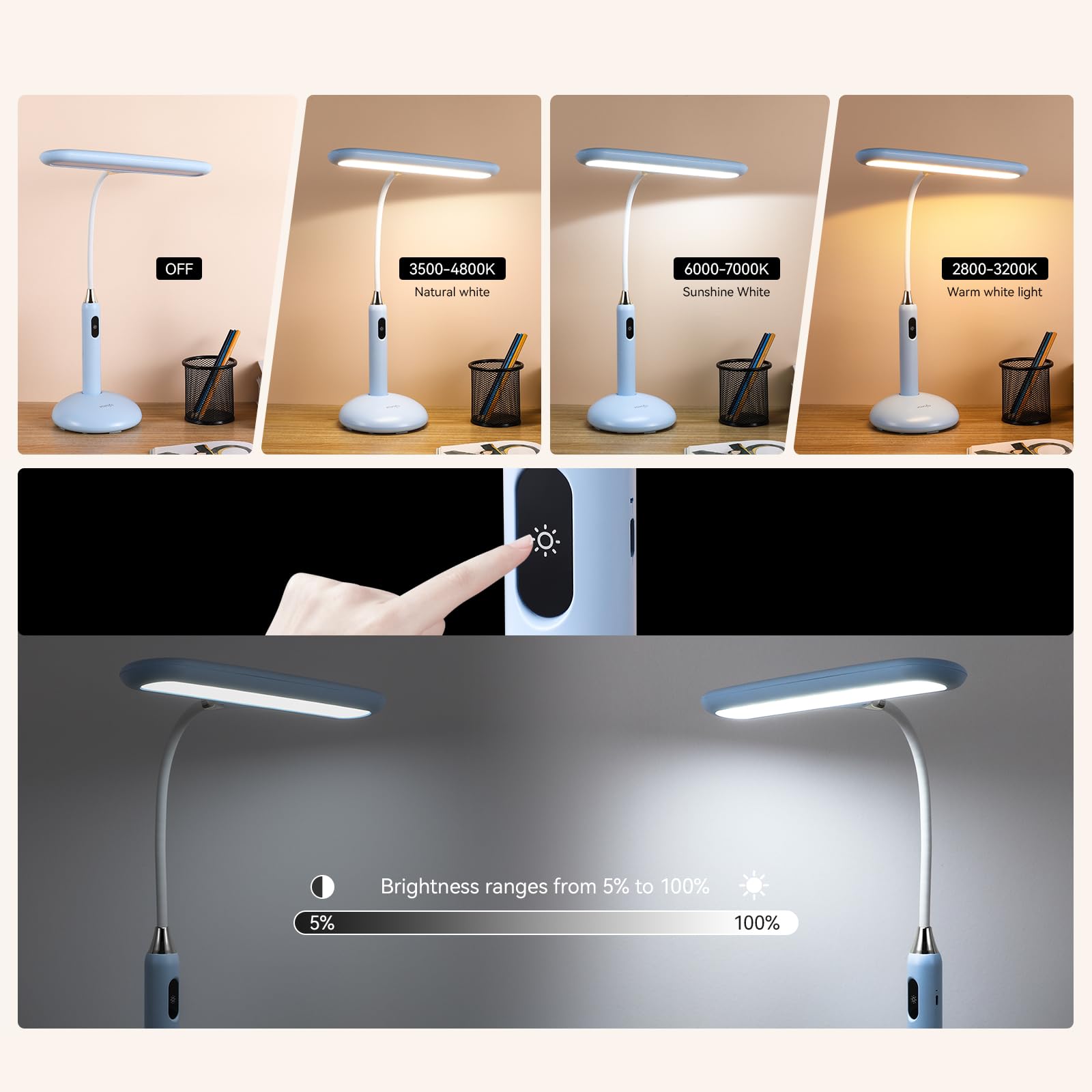 VAVOFO Wireless LED Desk Lamp KM-6778B - Touch Control, 2700-7000K, 700 Lumens, Blue, USB-C, 360° Goosene