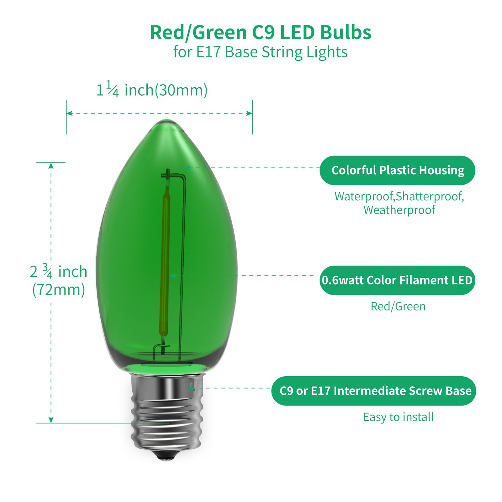 Meconard C9 Led Replacement Christmas Light Bulbs, C9 Shatterproof Led Bulbs For Christmas Indoor Outdoor String Lights, Mini Bu
