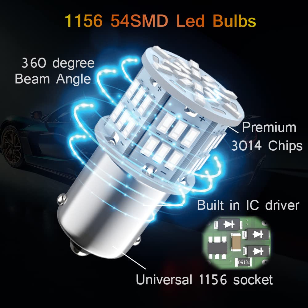 Melphan-Auto 1156 LED Bulbs 54-SMD for Vehicle Lights, 12V-24V, Blue, 4pcs
