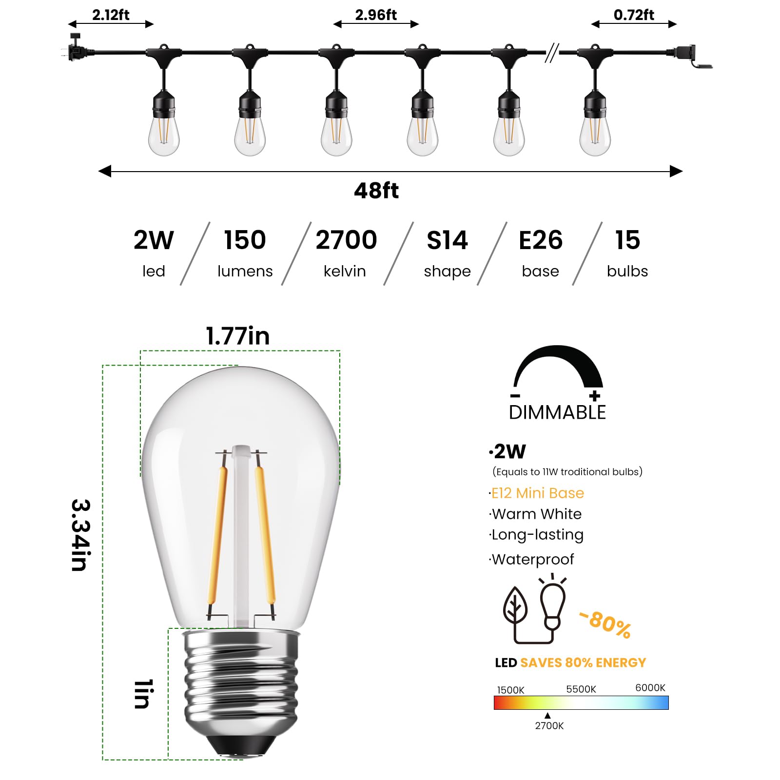 Svater Outdoor String Lights, 96FT, 32 Antique S14 LED Bulbs, IP65 Waterproof, Dimmable Warm White, Black, Model US048015-TS18B1-S