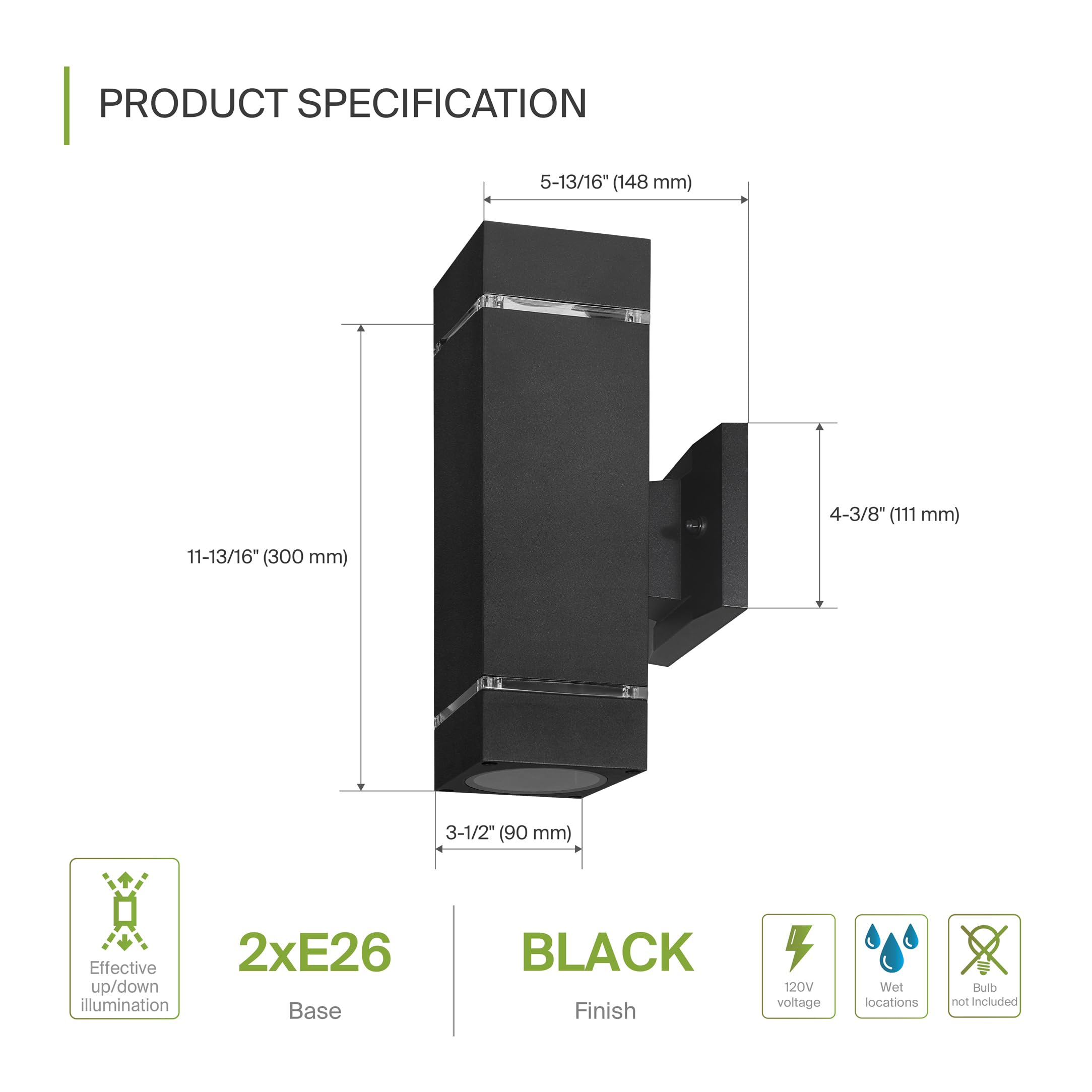 Asd 2-Way Square Cylinder Wall Light Fixture | 120W E26 Bulb Socket 120V | Dimmable, Waterproof, Transparent Ringed, Etl Listed