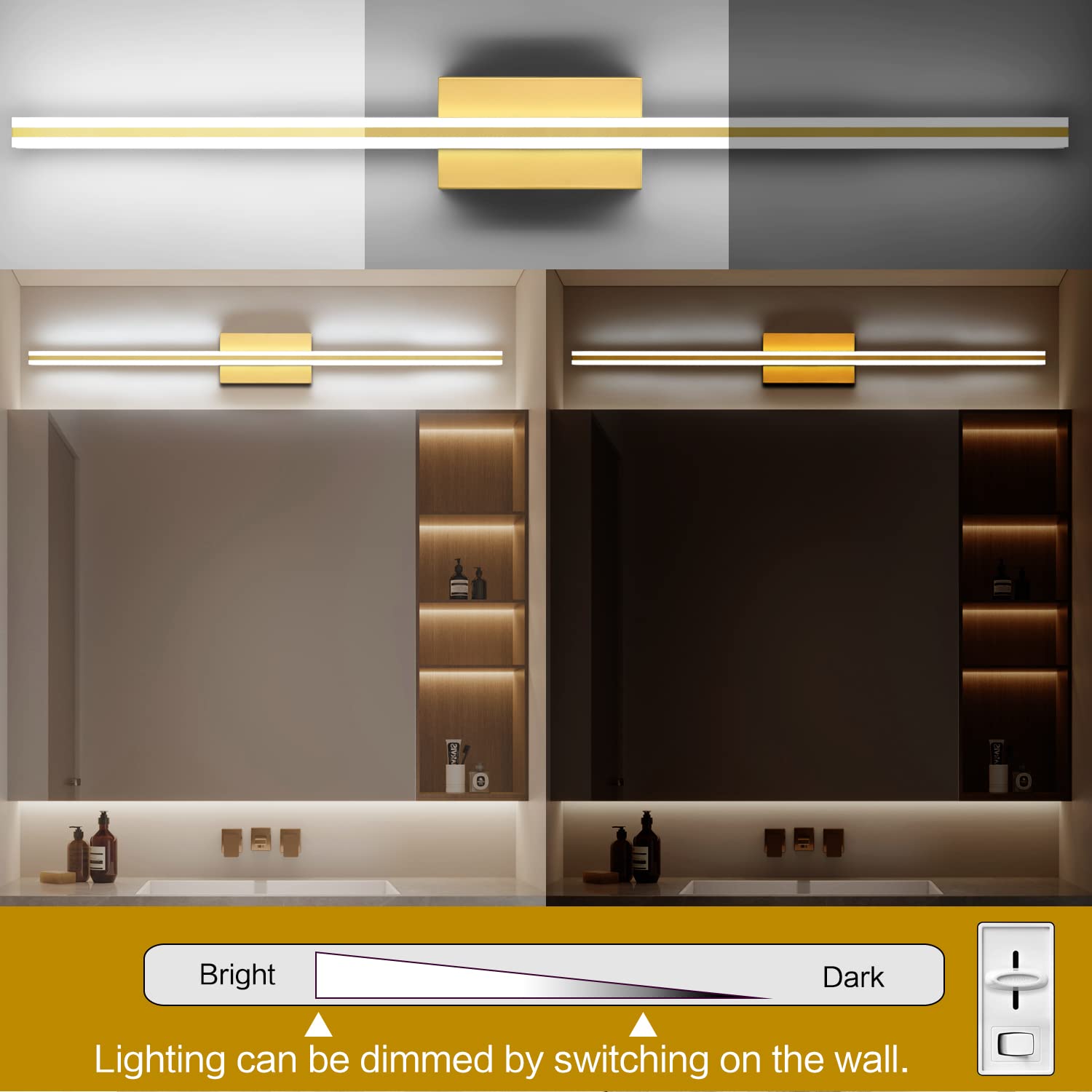SOLFART Dimmable LED Vanity Light Fixtures 40Inch Aluminum Golden Over Mirror