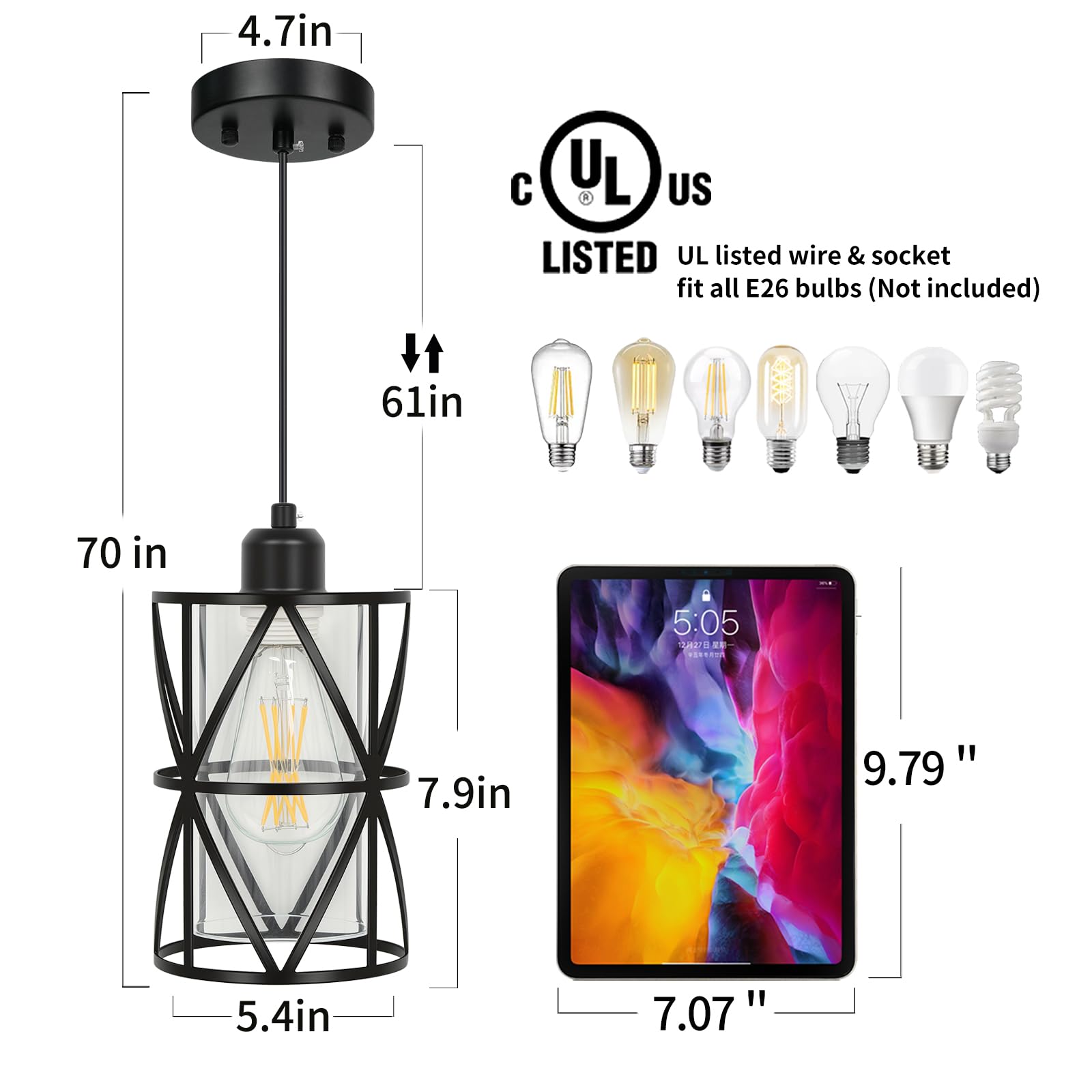 Zlierop Pendant Light, Clear Glass Shade, Metal, 5.4inx7.9in, Black, Model SF20250915B0F32PT27T