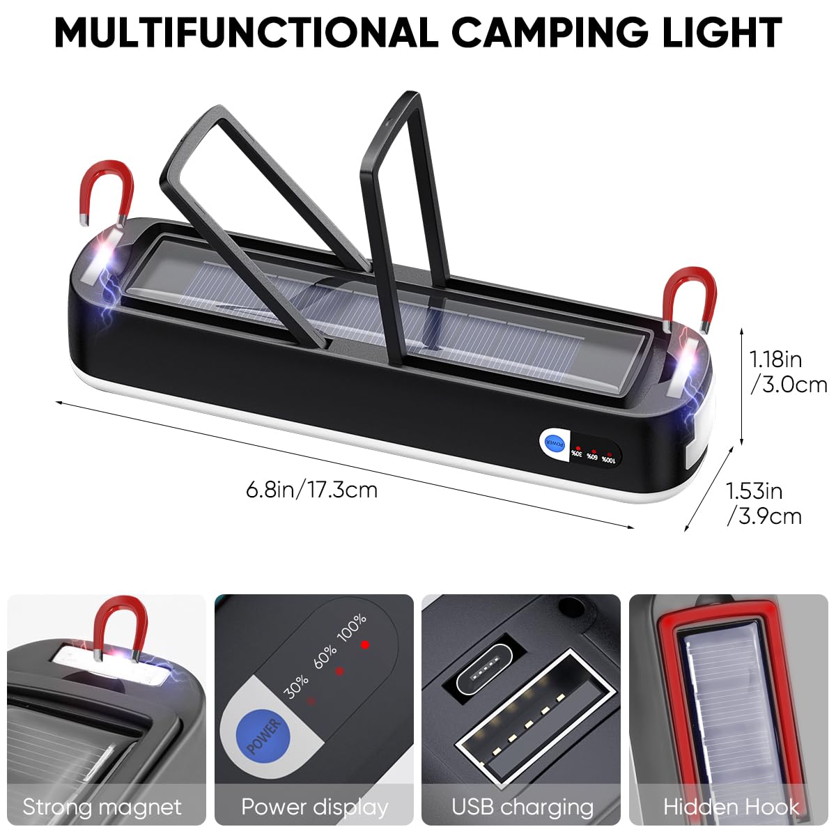 Nakcnm Camping Lantern Solar, Led Camping Lanterns Rechargeable 5 Modes, Camping Light With Magnet And Hook 5000Mah, Portable Waterproof Camp Light For Camping Hurricane Emergency Power Outage-Black