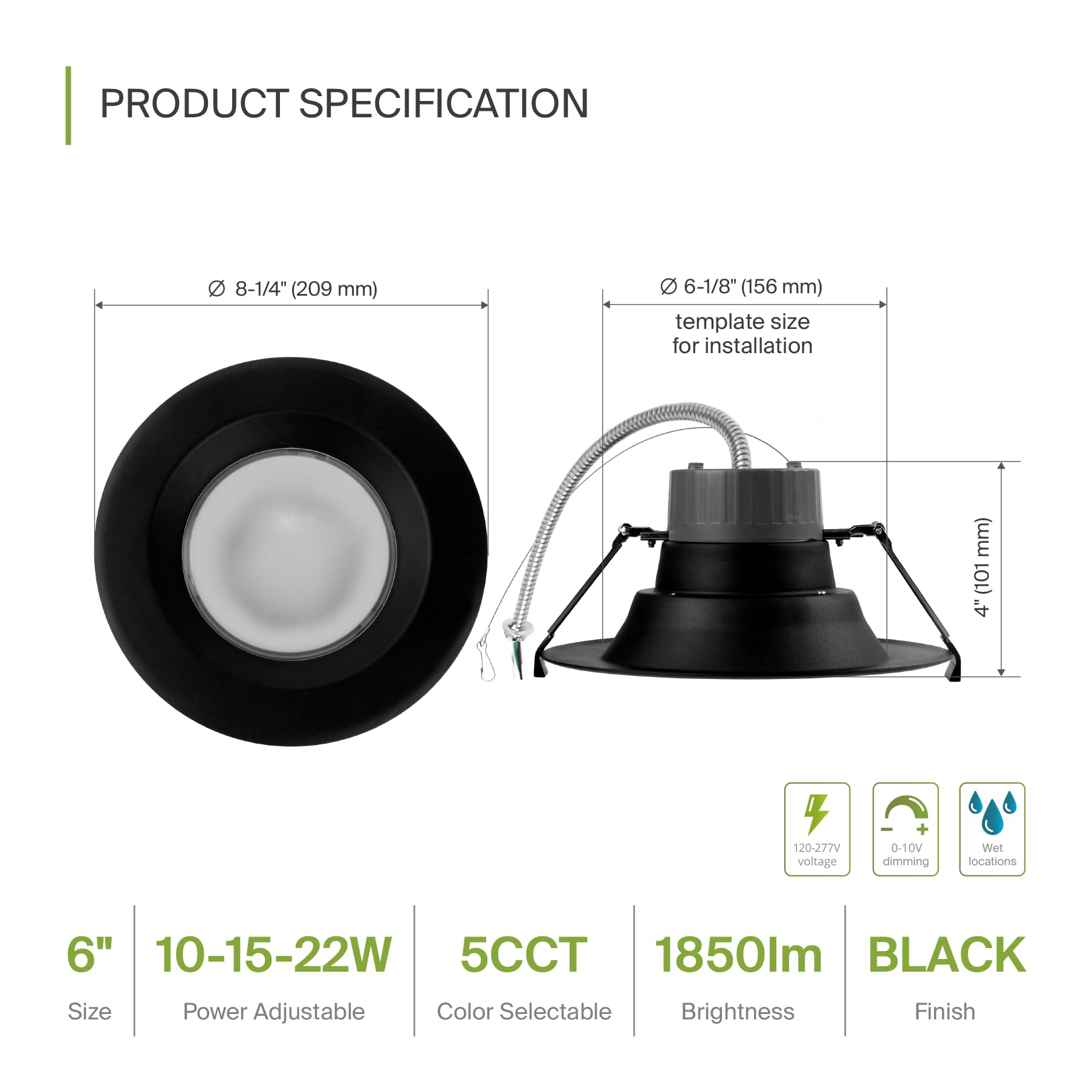 ASD 6 Inch Canless LED Downlight, 10/15/22W, Dimmable, 5 Color Temps, 120-277V, Aluminum, 8 Pack, Black