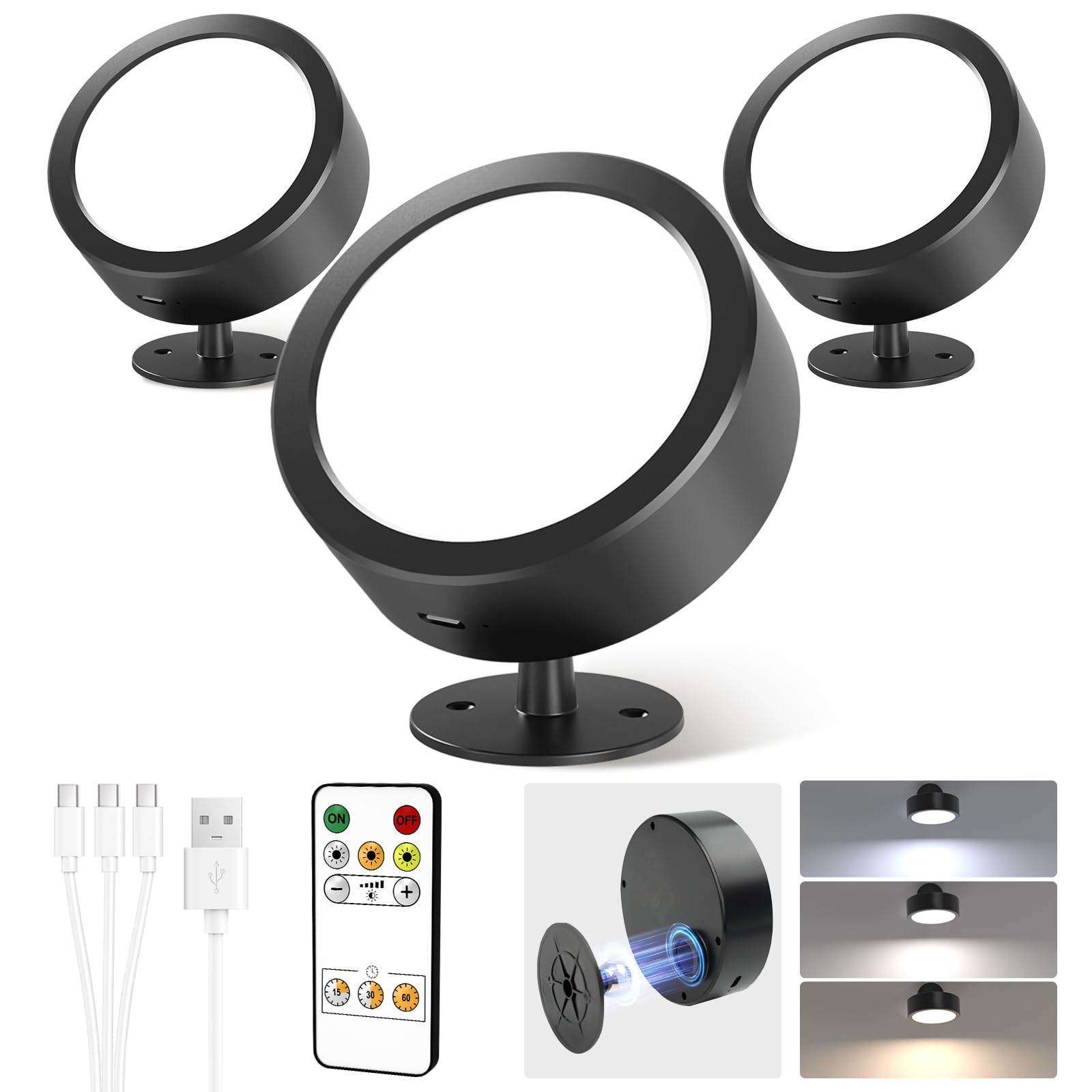 EZVALO LED Wall Mounted Lights, 3 Color Temps, Remote & Touch Control, 3 Pack, Black, Model EZL2404A
