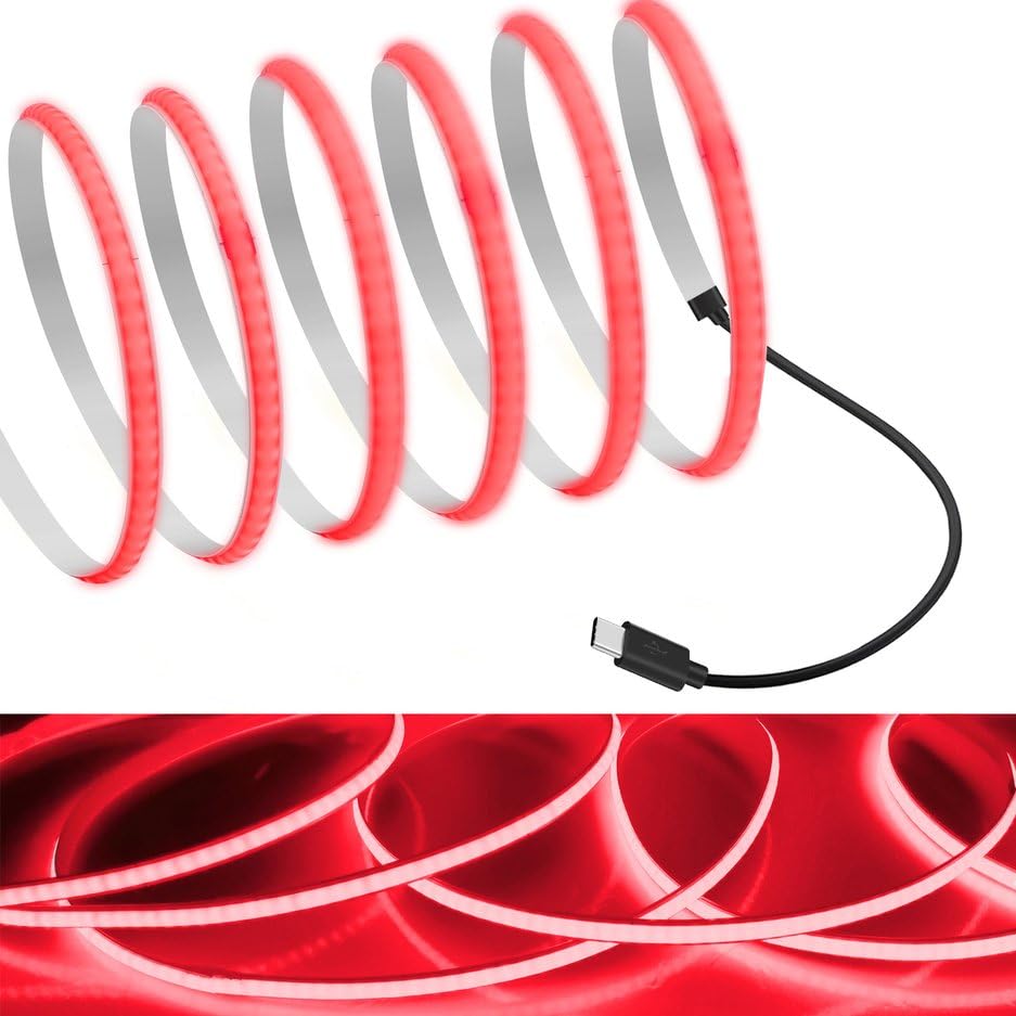 Mdee?Type C Cob Tape Light Led Strip 3.28Ft/1M- Flexible 5Mm Hidden Dc 5V Led Tape With 320 Leds/M For Red Lighting. Cuttable  Shapeable  Type C Powered. Ideal For Kitchen  Office Decor