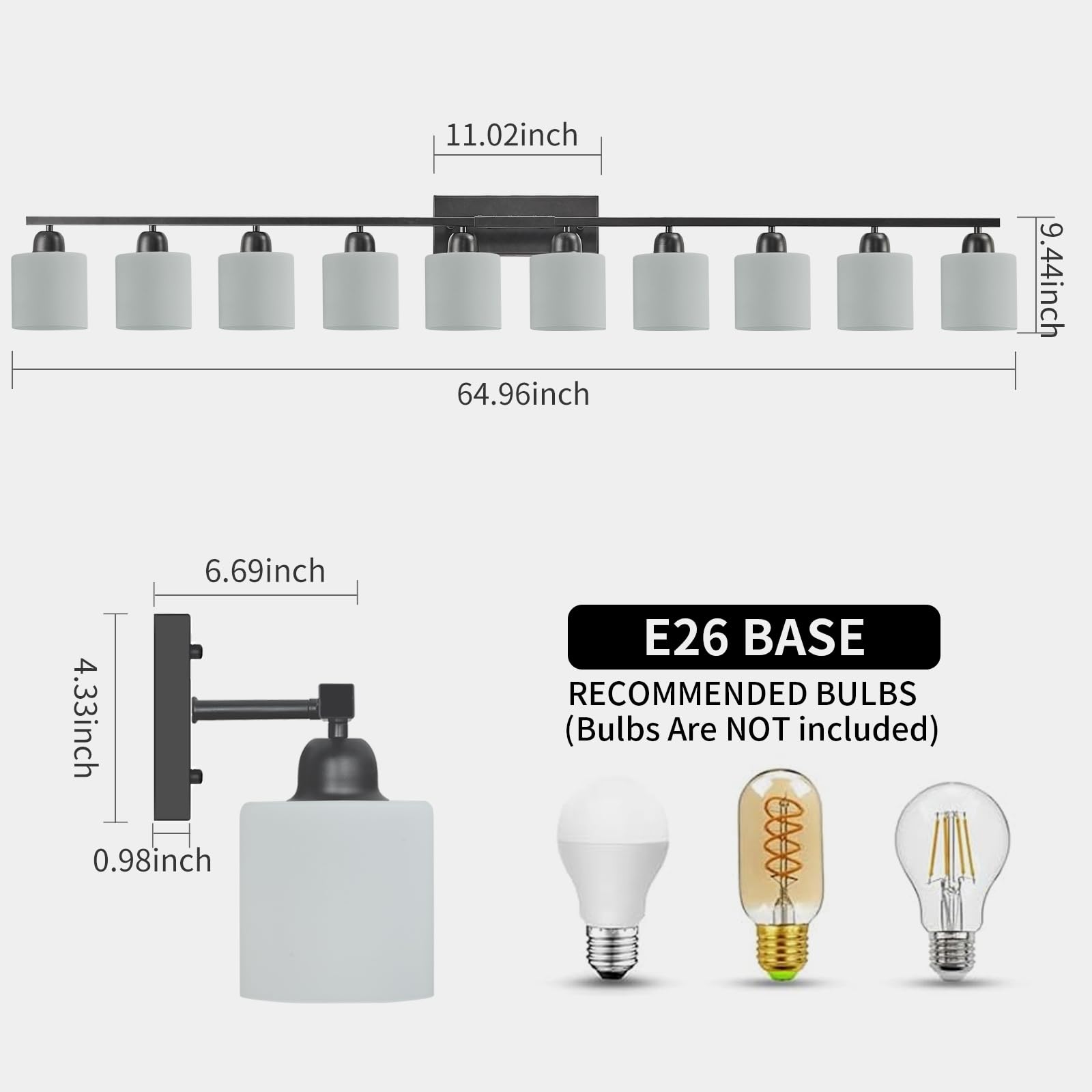FAISHILAN 10-Light Black Bathroom Vanity Light Fixture, Milky White Frosted Glass Shades, E26 Base, 65 Inch, Model FSL-212--NBH-10