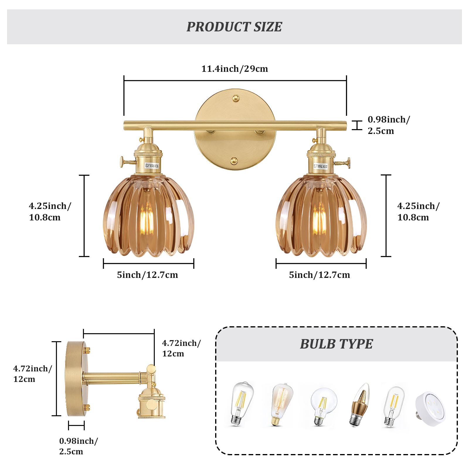 Shenmoyl 2-Light Brass Vanity Wall Light with Amber Tulip Glass Shade, Hardwired Fixture for Bathroom and Living Room, Model 1-9325
