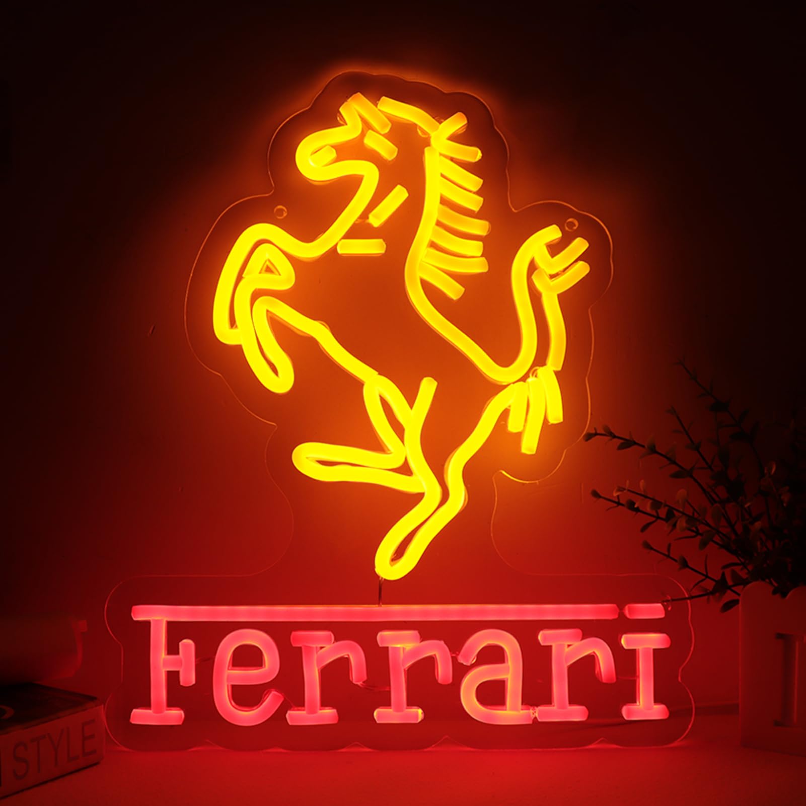 WonderfulLife Neon Car Logo Sign, LED Garage Decor, Ferrari Model, Plastic, Easy Hanging, Bright Light, Color: car01