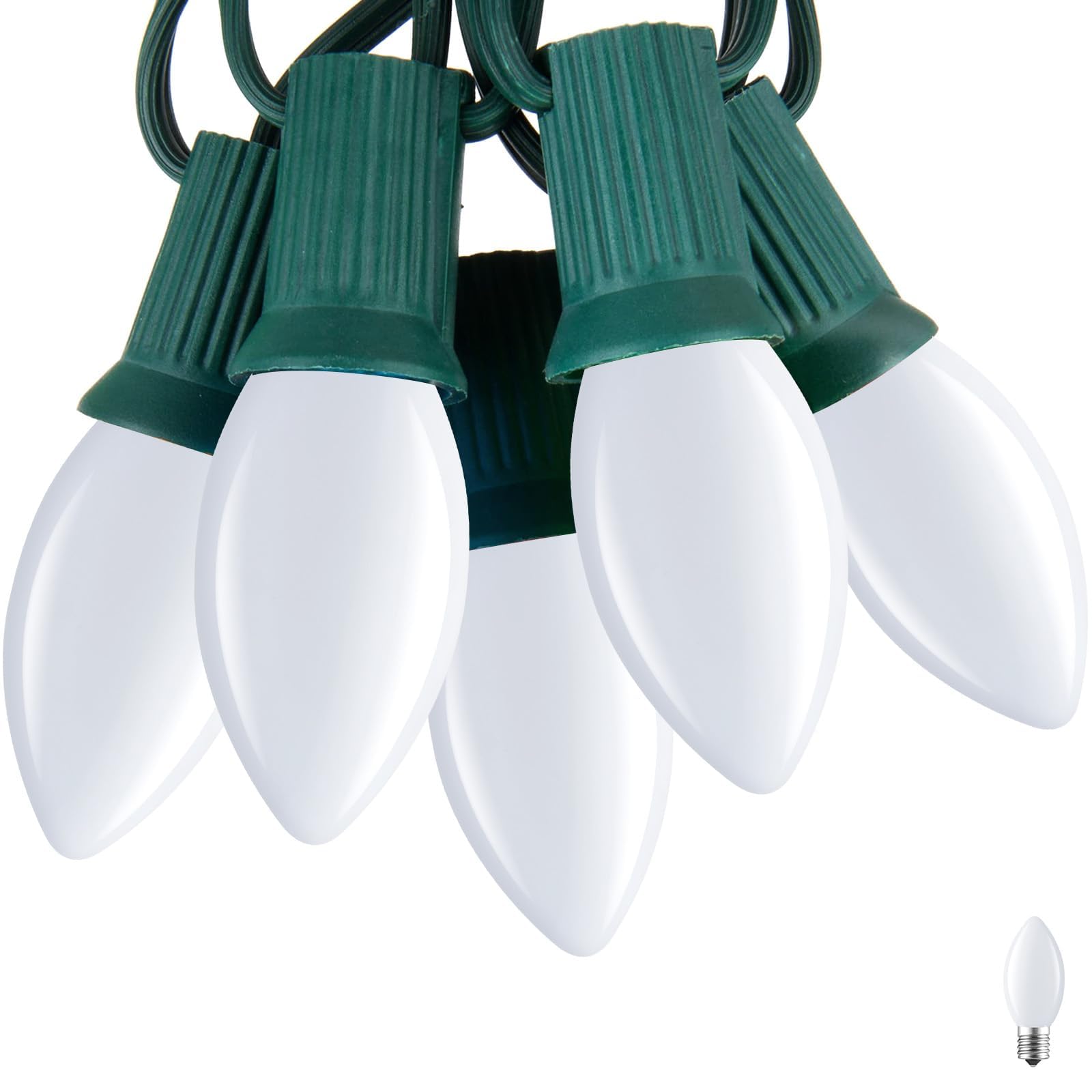 Brightown C7 Pure White LED Christmas Lights, 25Ft Vintage String Lights with 25+1 Plastic Bulbs, E12 Candelabra Base, Outdoor R