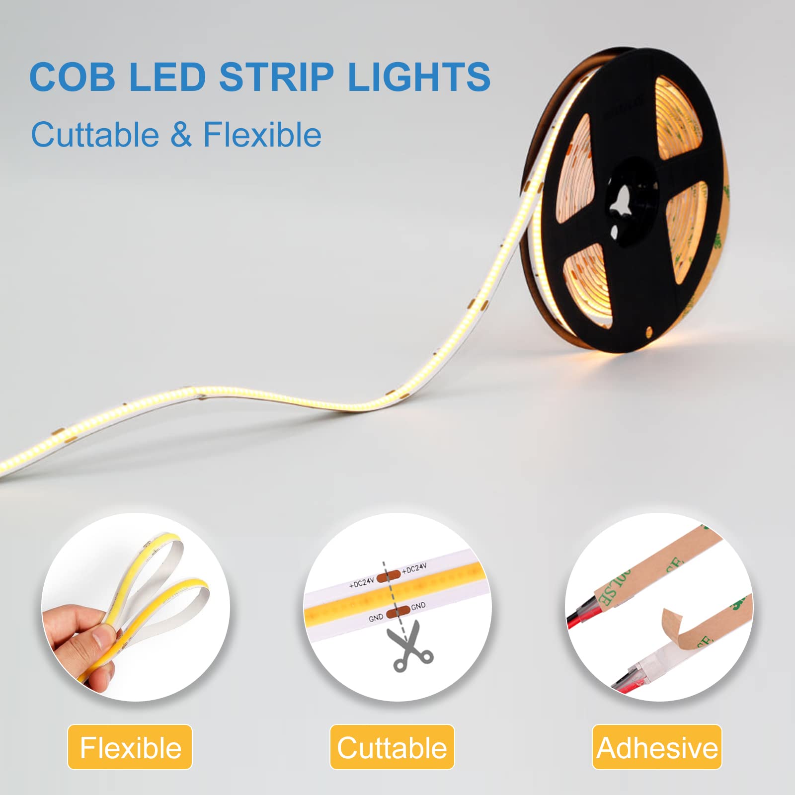 Lltop Cob Led Strip Lights Warm White 3000K, Dc24V 16.4Ft/5M High Cri 92Ra+ Flexible Led Tape Lighting Diy Cuttable For Bedroom