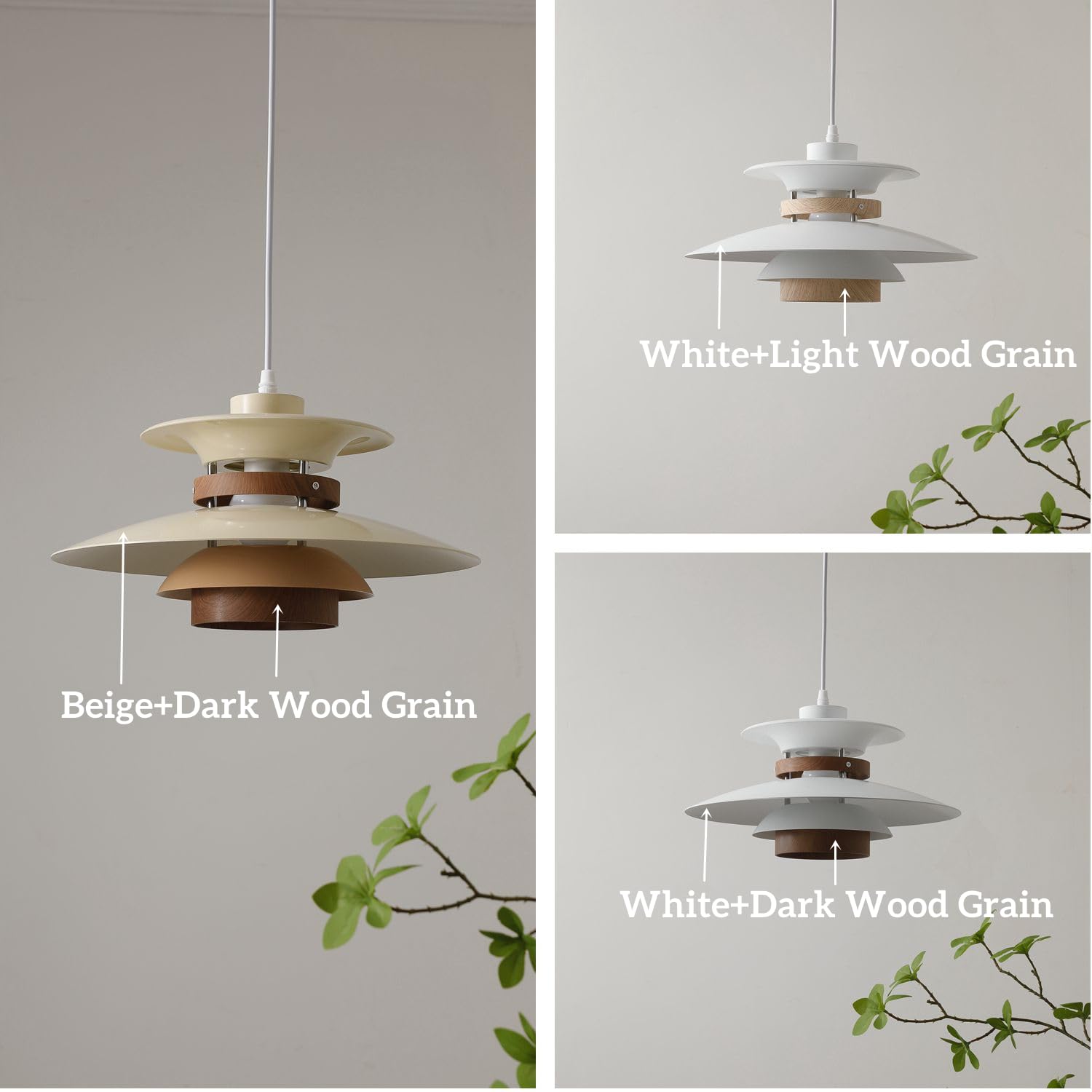 EFINEHOME Modern Pendant Lamp, 1-Light E26 Ceiling Light, Aluminum & Wood, 35cm, White & Light Wood Grain, Model EFLM22385H