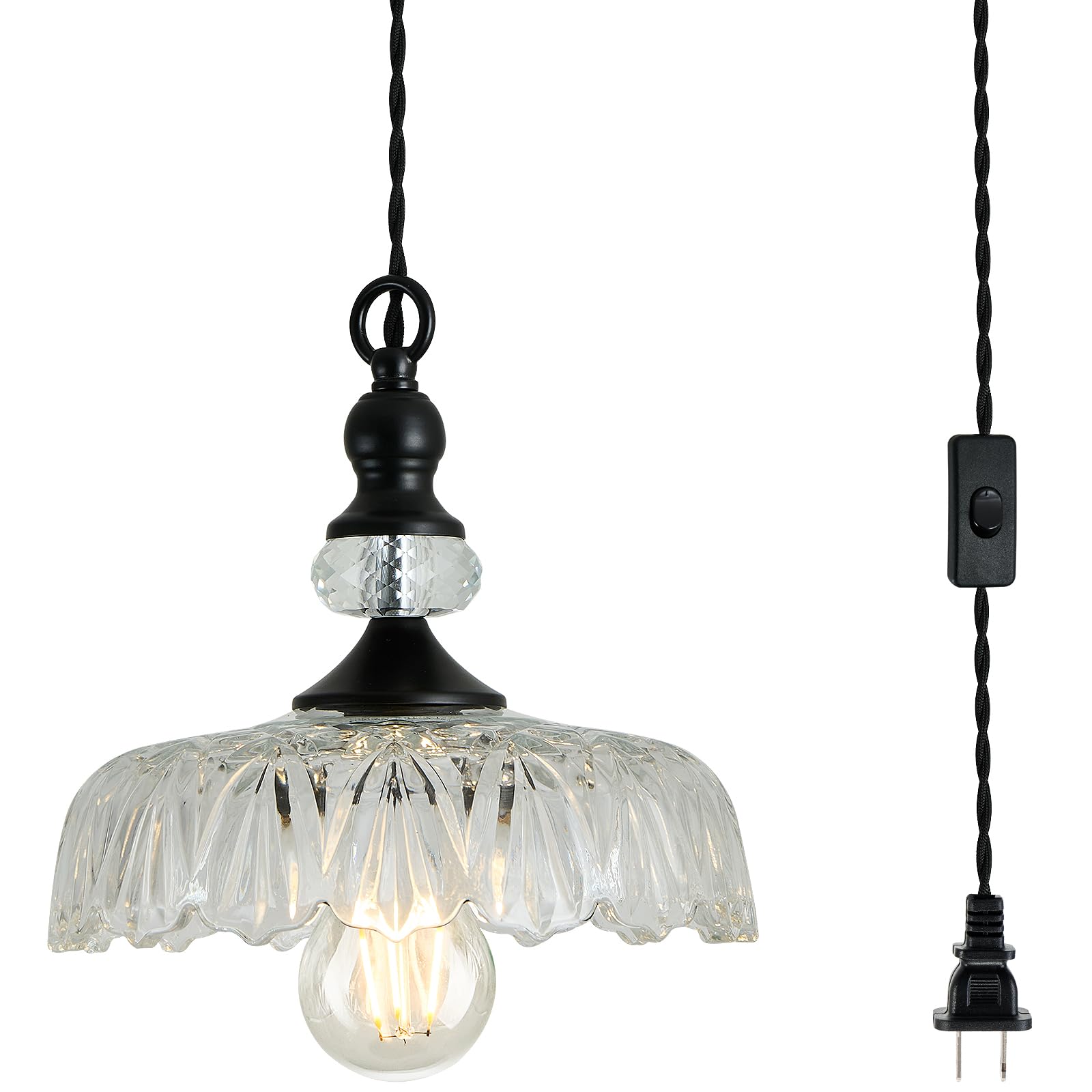 CVKASH Plug in Glass Pendant Light Fixture Black Vintage Adjustable Chandelier Hanging Ceiling Light for Farmhouse Hallway Bedro