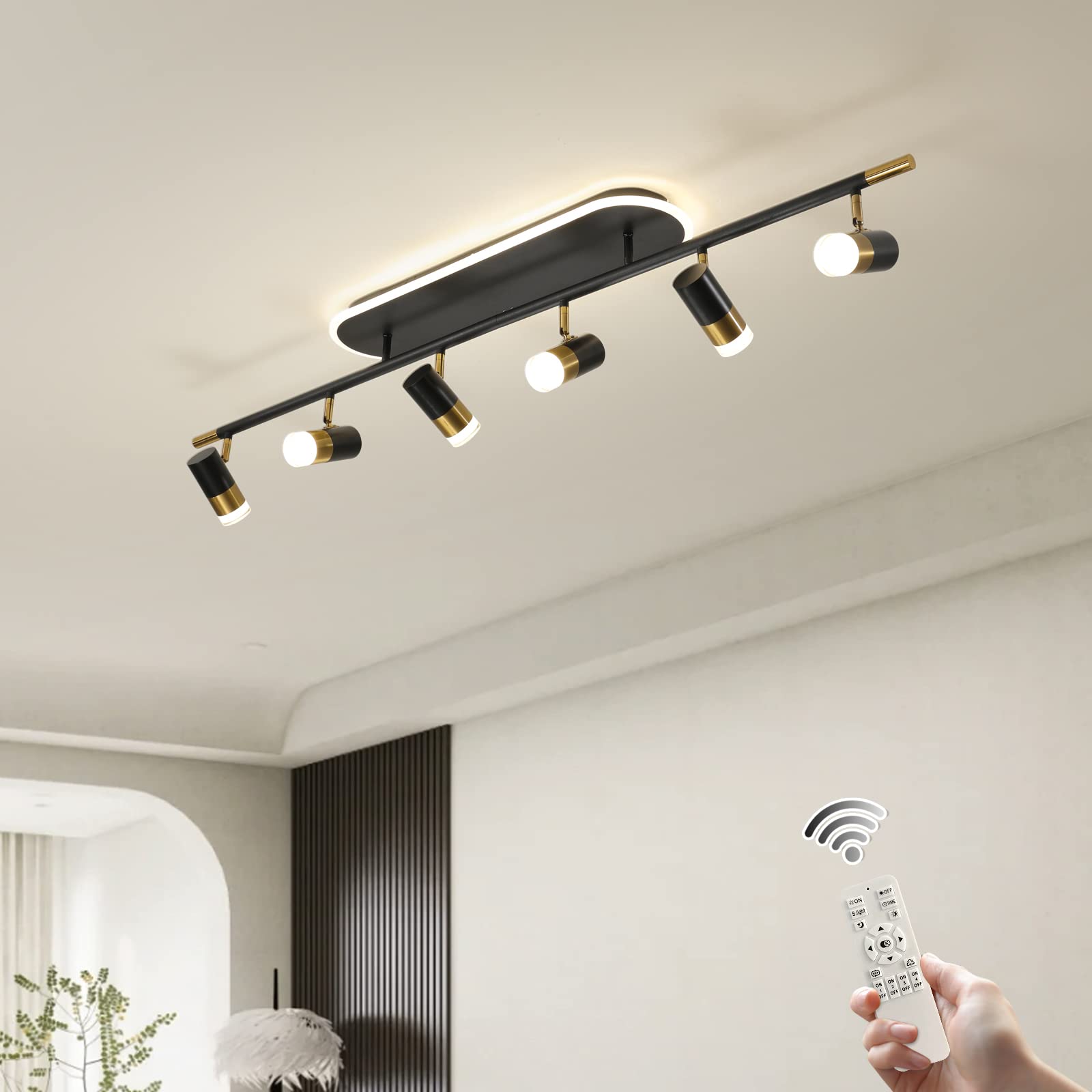 Jaycomey Modern LED Ceiling Lights  Dimmable 6-Light Flush Mount Ceiling Lamp Fixture with Remote  51 Black and Gold Directional Ceiling Ligting for Hallway Kitchen Bedroom Entry (60W/3600 Lumens)