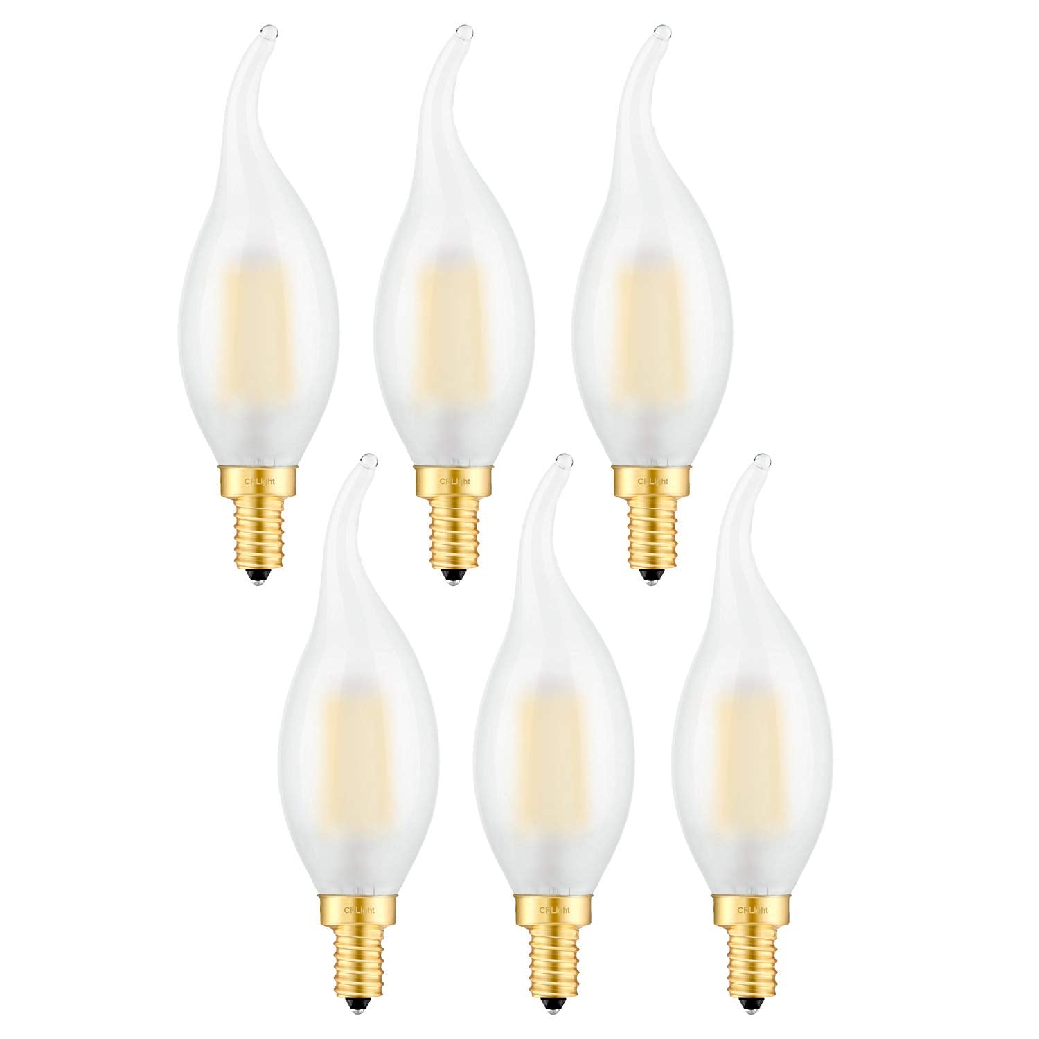 Crlight 2W Led Candelabra Bulb 3000K Soft White 25W Equivalent 250 Lm, E12 Dimmable Led Chandelier Bulbs, Antique C35 Frosted Candle Flame Shape Bent Tip, 6 Pack