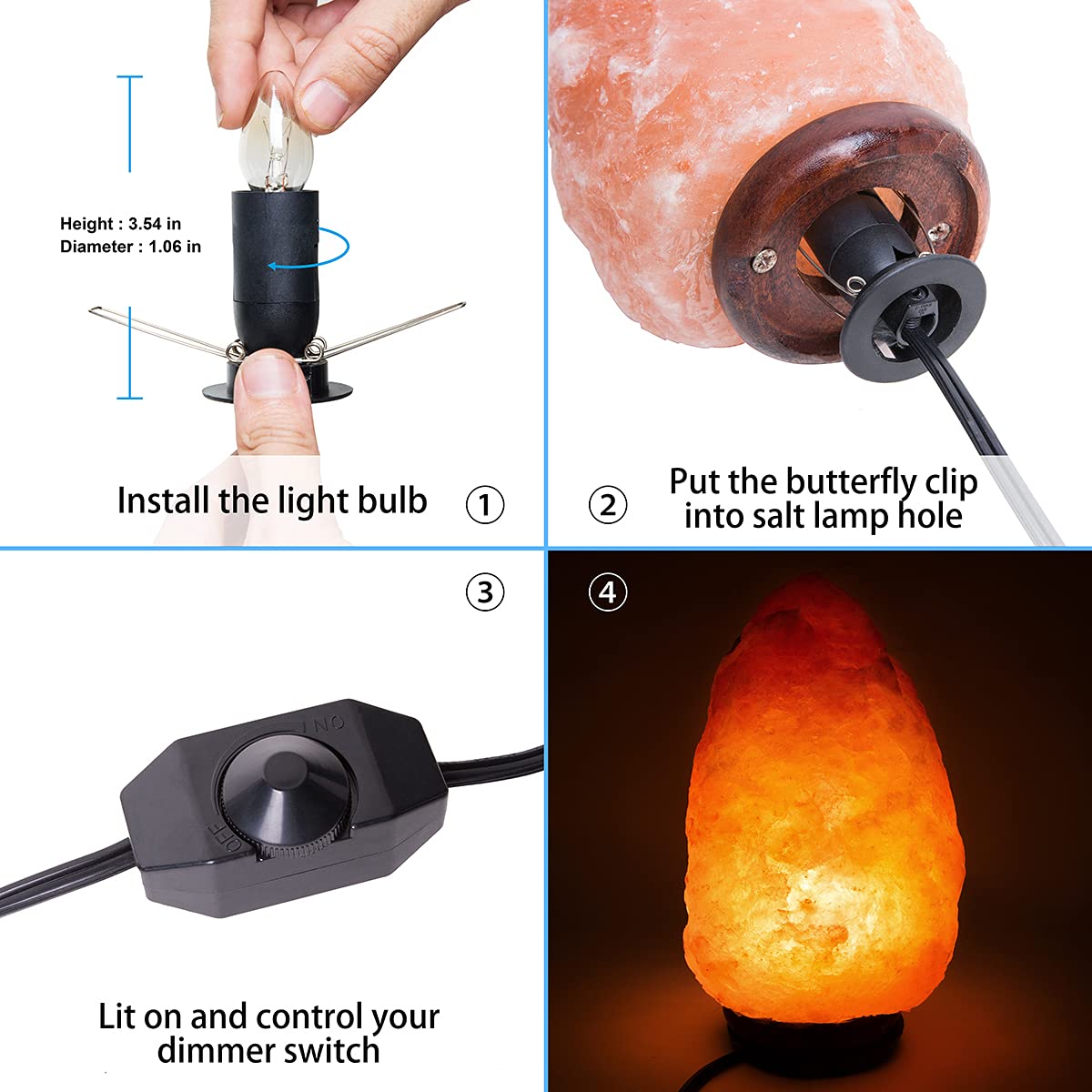 OHLGT Salt Lamp Cord Replacement with Dimmer Switch, E12 Socket, 5ft Cord, Includes 6 Halogen Bulbs, C Type Clip Socket, Plastic