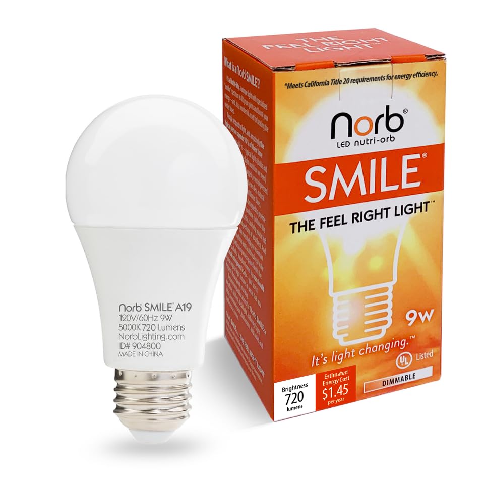 NorbSMILE Full Spectrum Sun Light Bulb A19 9W, 5000K, Supports Circadian Rhythm, 1 Count, Model SMILE-CA-A19-9W