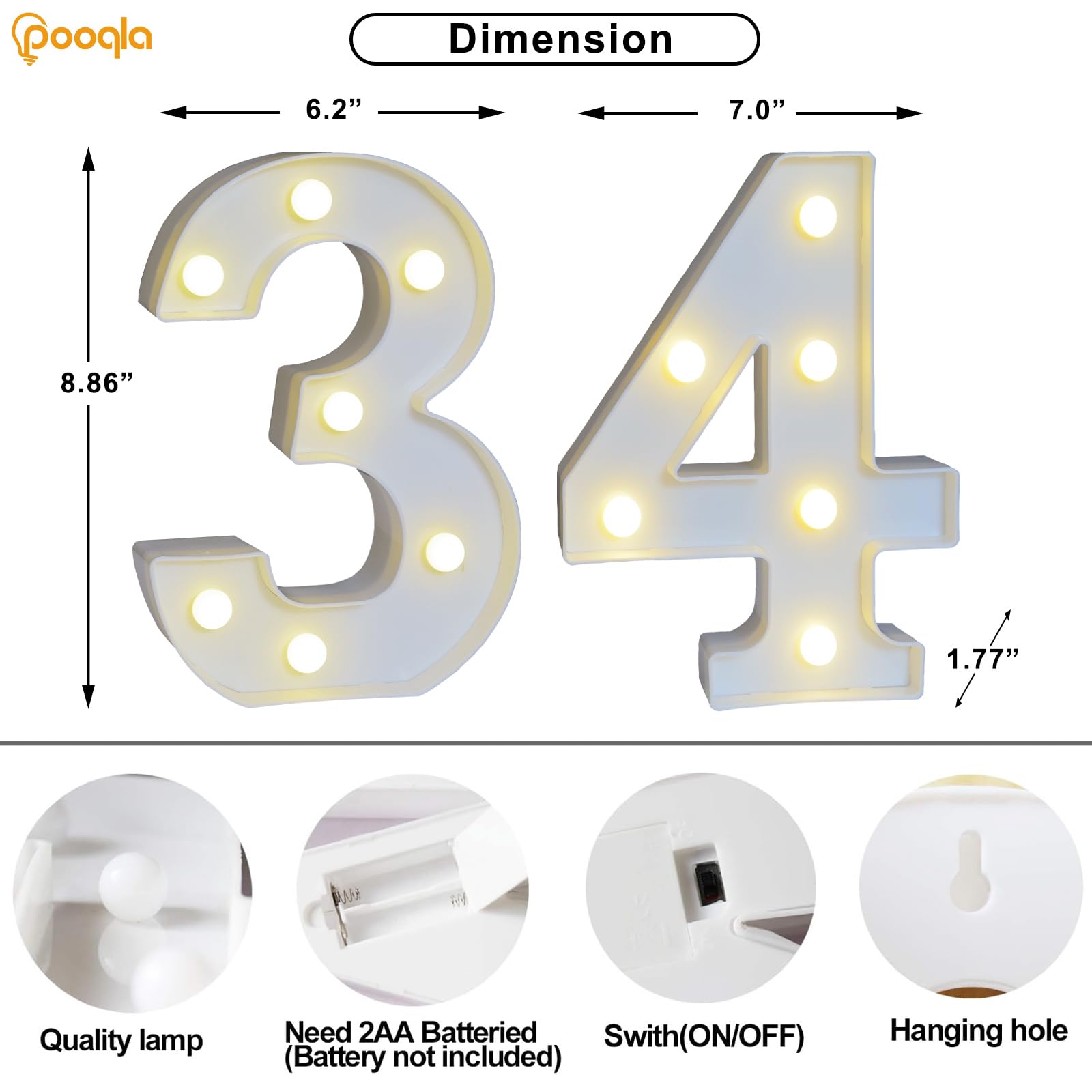Pooqla Decorative Led Light Up Number Letters, White Plastic Marquee Number Lights Sign For 34Th Birthday Party Wedding Decor Battery Operated Number (34)
