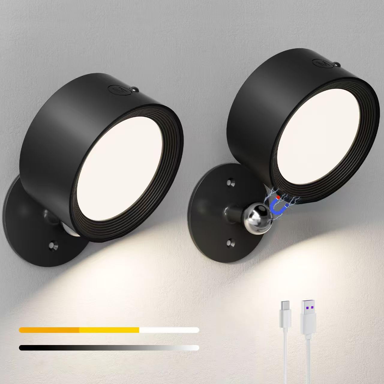 Yuewilai LED Reading Lights, Rechargeable USB Wall Mounted Sconces 3 Color Temperatures, 360 Rotate Magnetic Ball LED Wall Mount