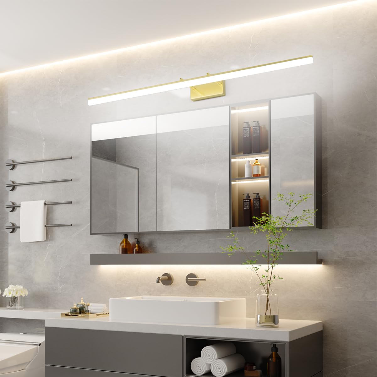 Aipsun 48inch Bathroom Vanity Light Brushed Gold LED Wall Light Adjustable Cool White 6000K Model 6481