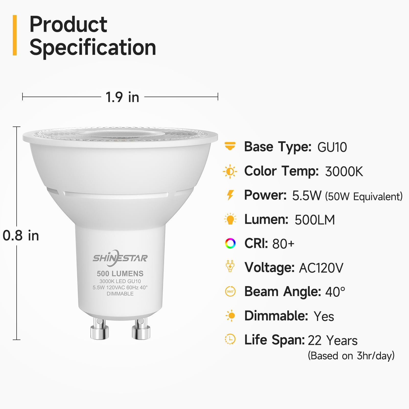 Shinestar Gu10 Led Bulb, 50 Watt Equivalent, Soft White 3000K, Dimmable Flood Light Bulbs For Ceiling, 6-Pack