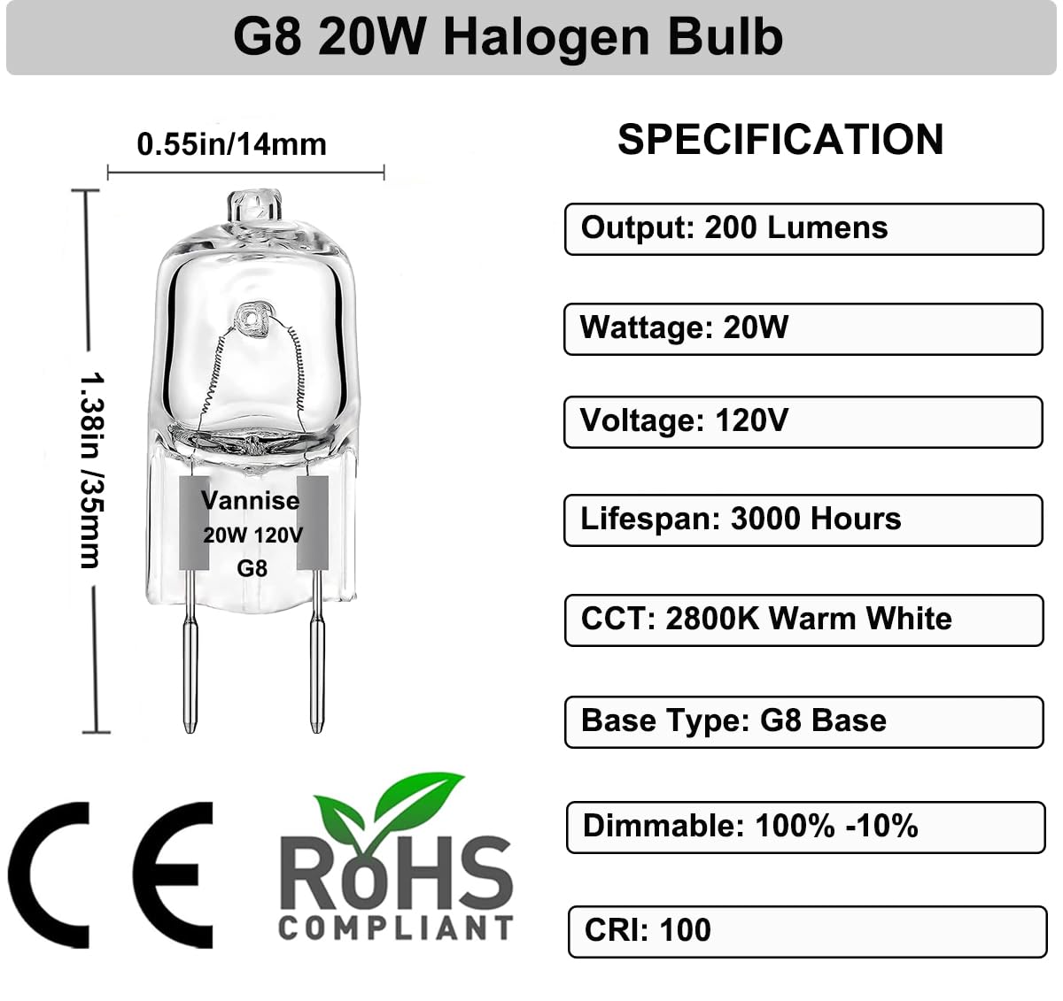 Vannise G8 Halogen Bulb 20W Warm White- 10 Pack Long Lasting G8 Bulb 120V 20W, Halogen Bulbs 2 Pin G8 Dimmable For Under Cabinet