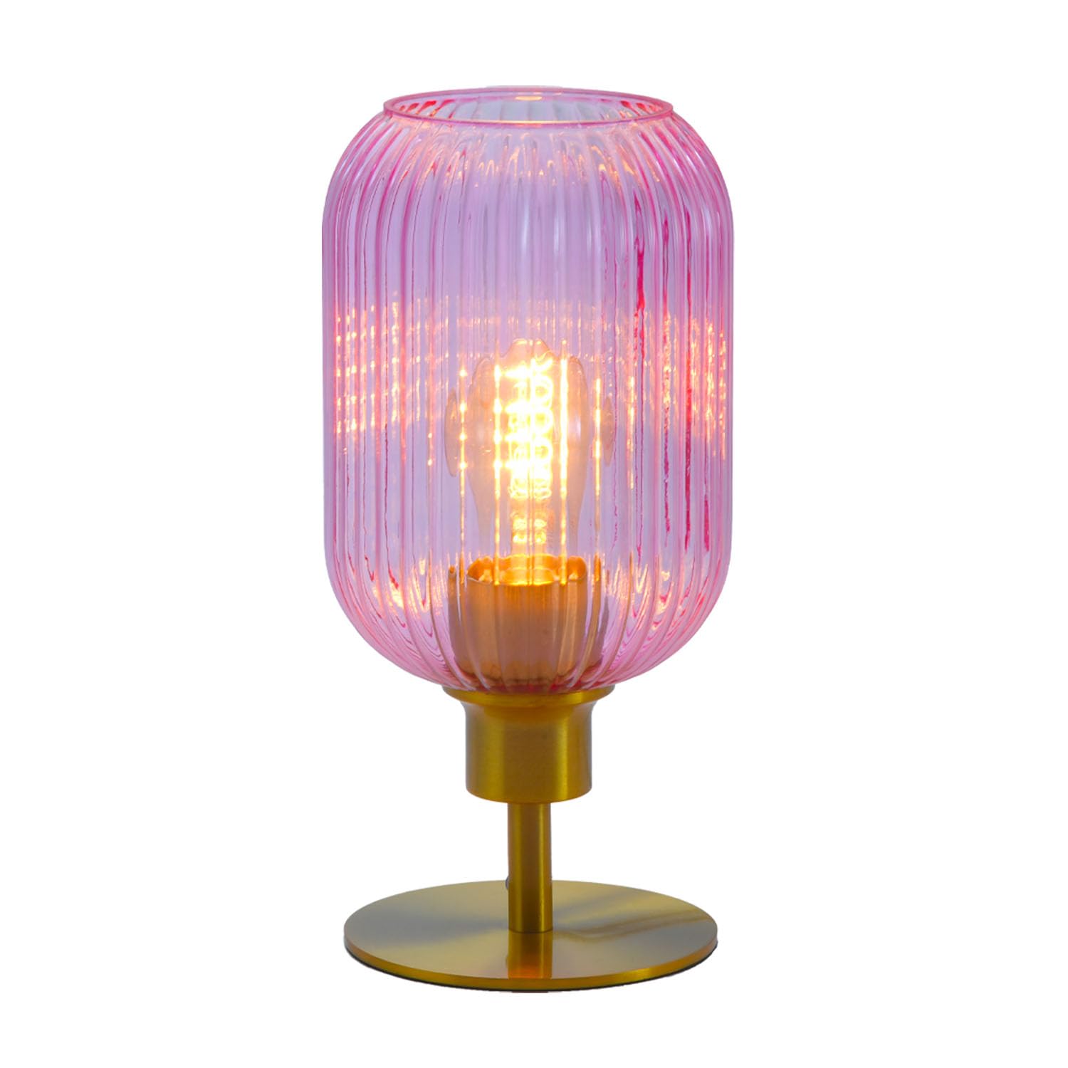 MAINDECO Mid Century Glass Table Lamp,Dimmable Desk Lamp,LED Bulb Included,Timer Build-in,Pink Ribbed Glass