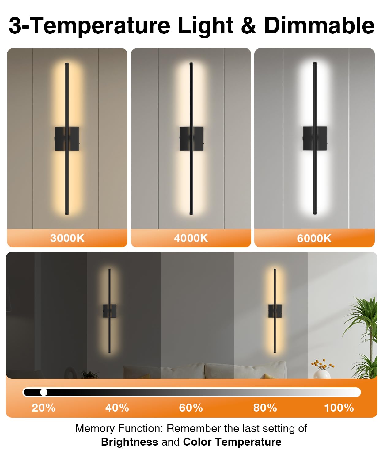 Abovizo Wall Sconces Set of 2, Battery Operated, 3 Color Dimmable, 15000mAh, Remote Control, Black, Model AB55/3A