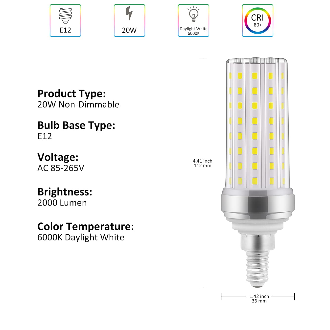 stvono E12 LED Candelabra Bulbs, 20W Equivalent, Daylight White 6000K, 2000lm, Non-Dimmable, 4 Pack