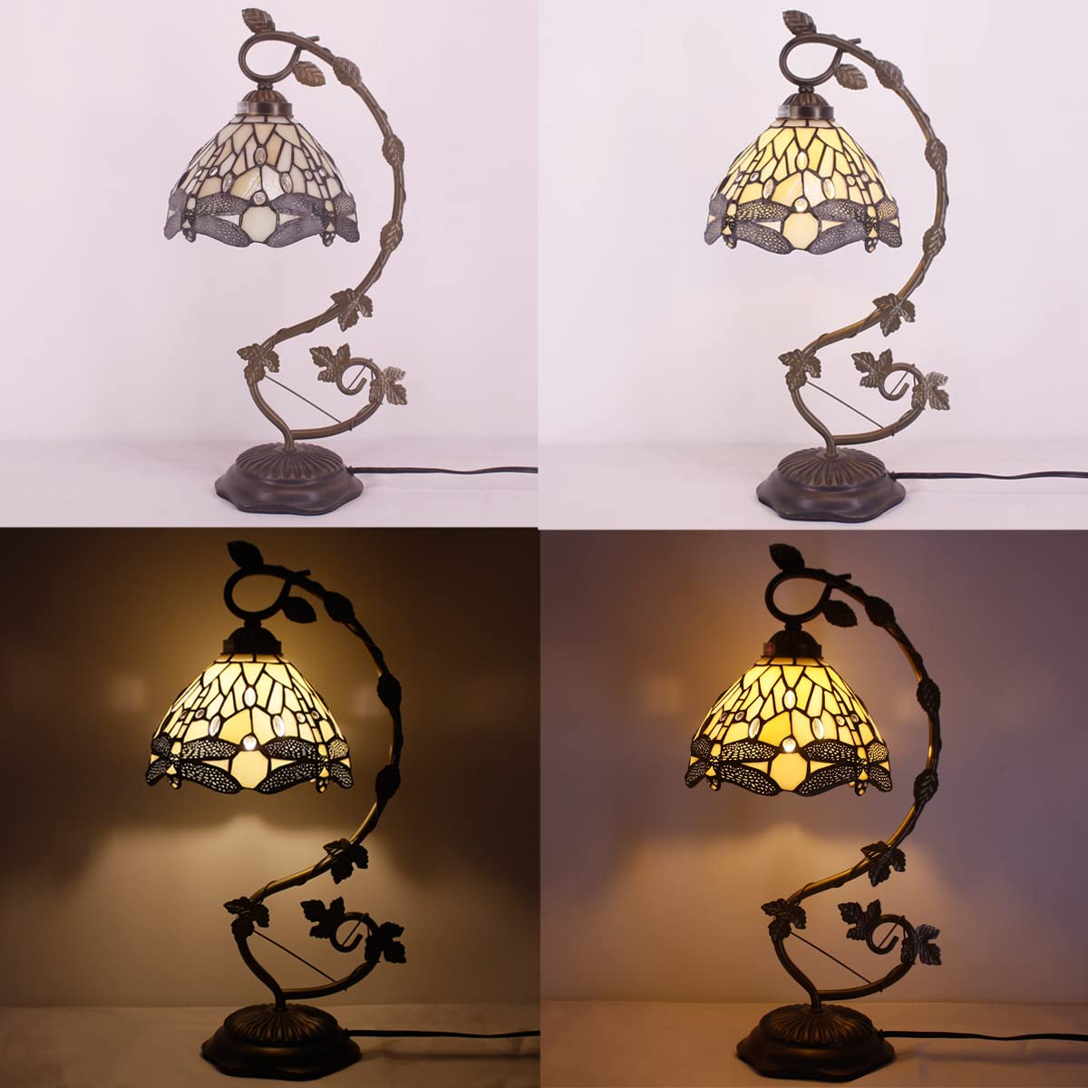 WERFACTORY Tiffany Lamp, Amber Stained Glass, Metal Leaf Base, 8X10X21 Inches, S139 Series