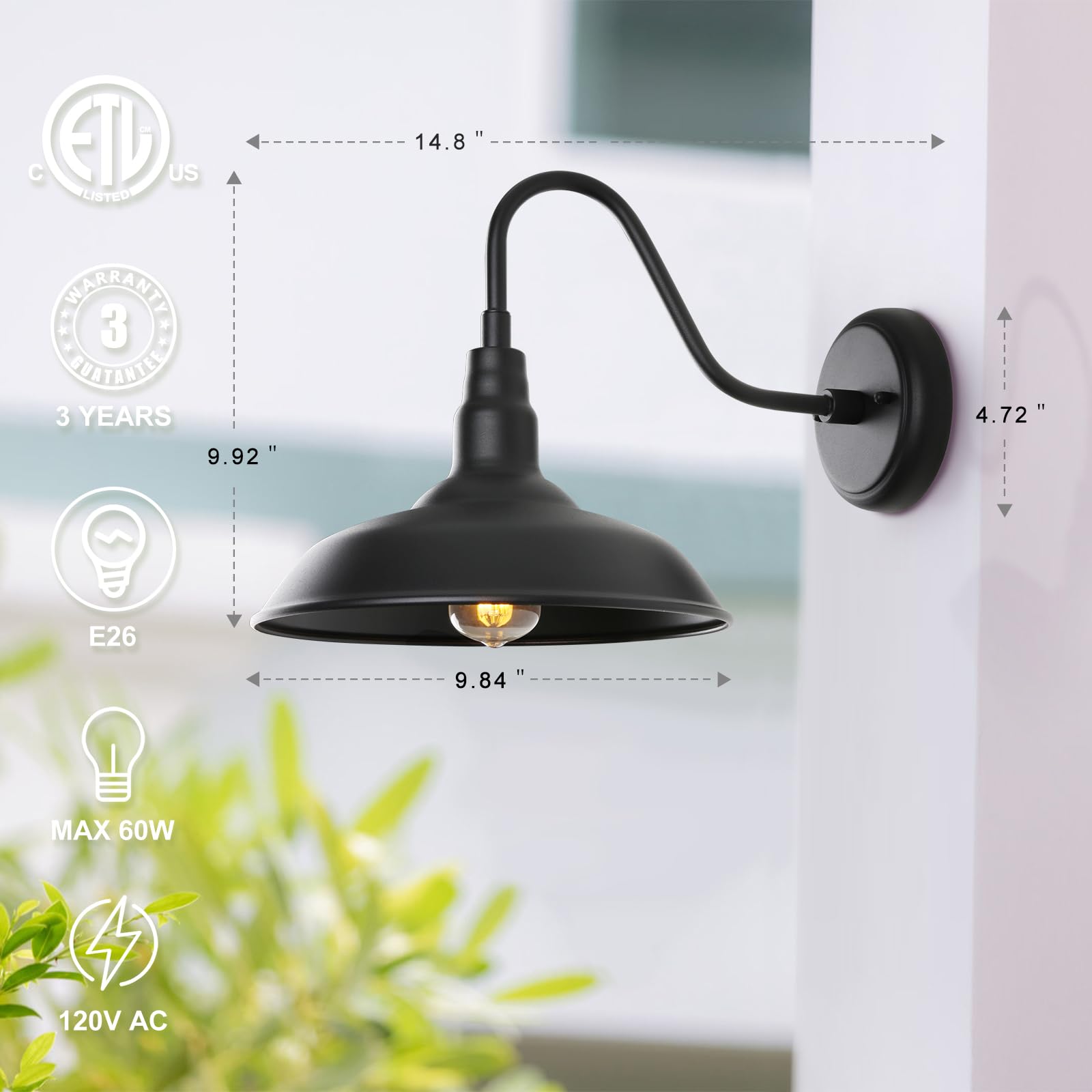 GOALPLUS Black Gooseneck Barn Light - 10" Dome Outdoor Wall Sconce, Matte Black Metal Fixture for Garage, Porch, Patio - Model LM2201