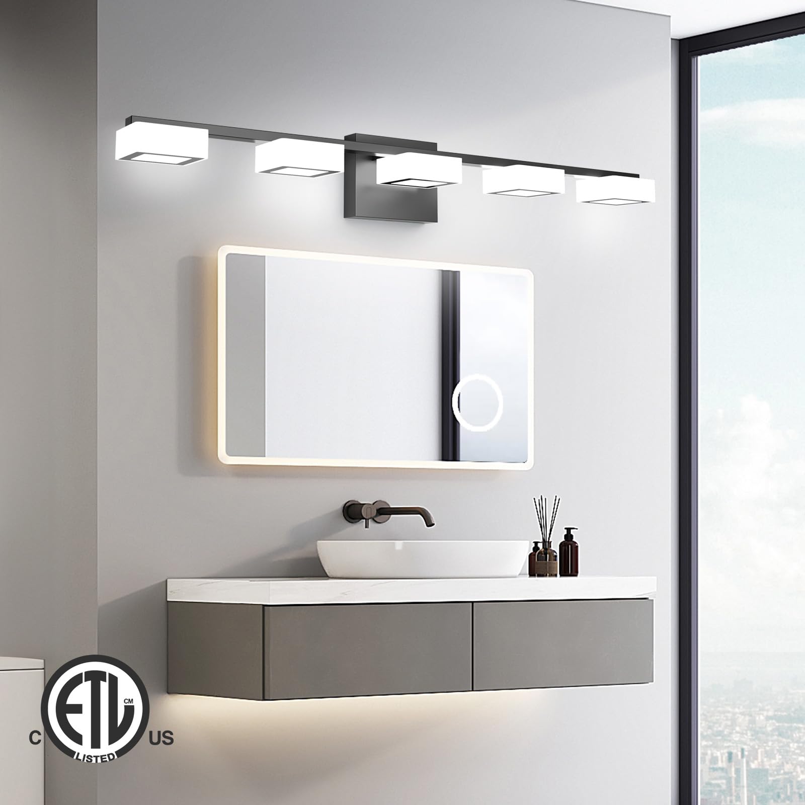 MYTH REALM LED Bathroom Light Fixture - 5-Light Dimmable Vanity Light, Matte Black, 33 inch, ETL Certified, Adjustable 2700K-6500K
