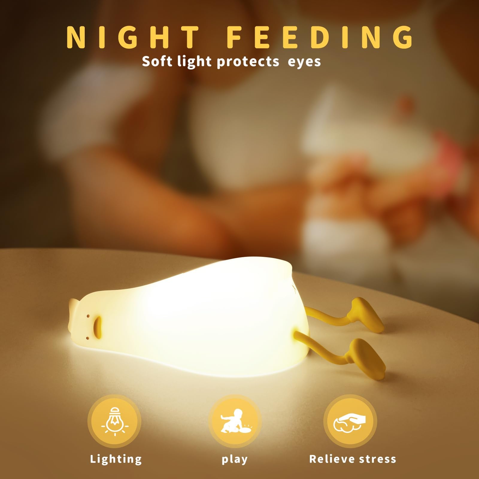 GEAMSAM Lying Flat Duck Night Light, LED Squishy Duck Lamp,Cute Silicone Dimmable Nursery Nightlight,Rechargeable Bedside Touch