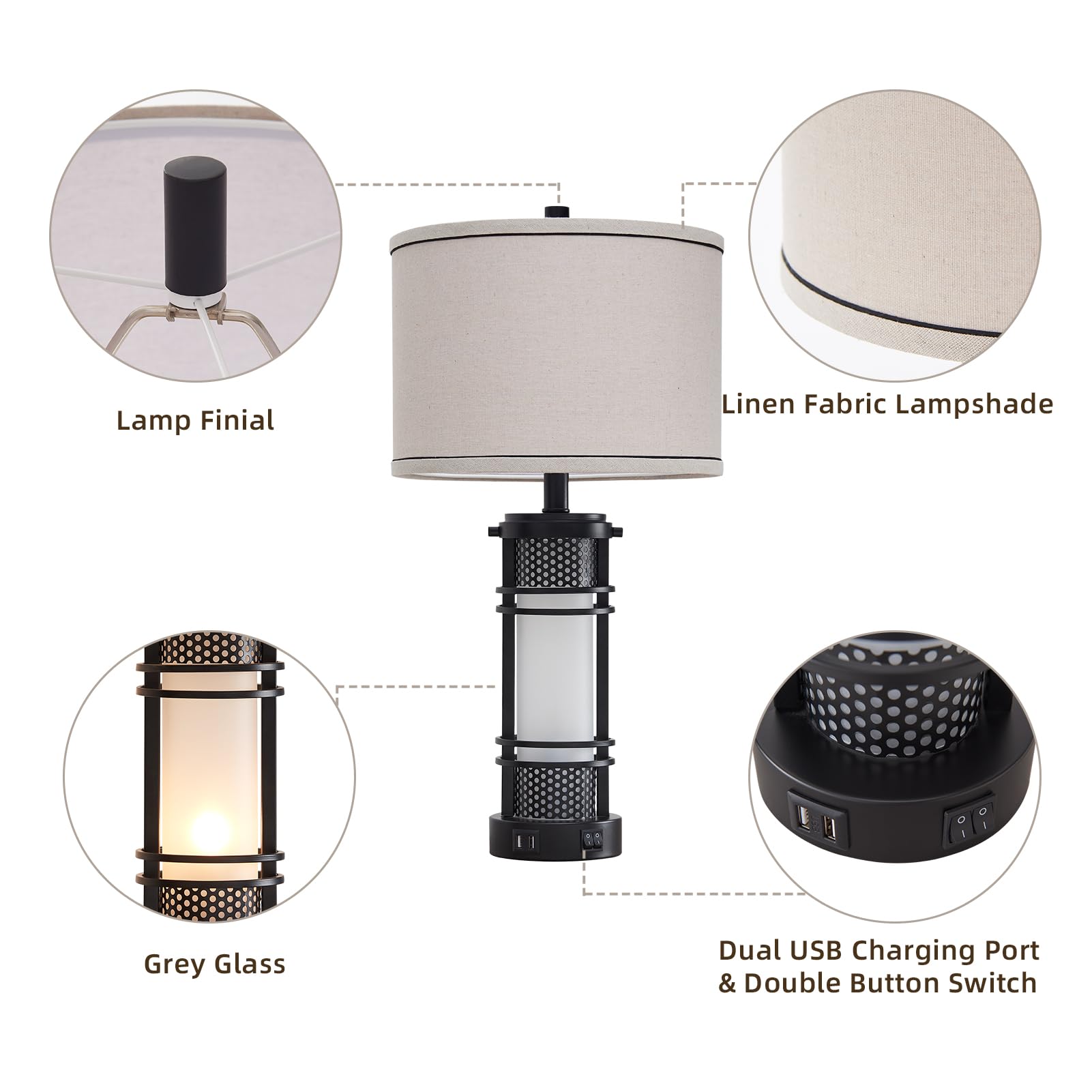 Aieampdo Set Of 2 Modern Table Lamps For Living Room, Contemporary Nightstand Lamp With Dual Usb Port, Bedside Lamps With White