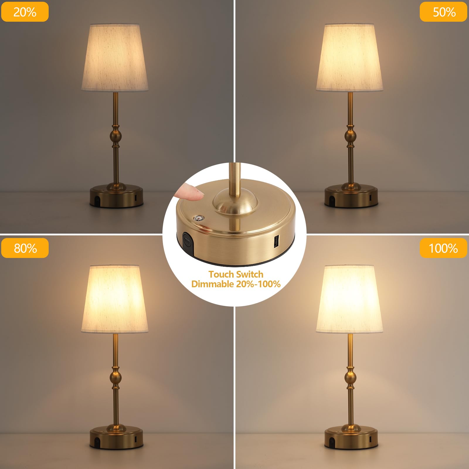 MEIXISUE Cordless LED Table Lamp, Antique Brass, 10000mAh Battery, Small, Model T2501B, Ideal for Bedroom, Balcony, Camping, Home Decor
