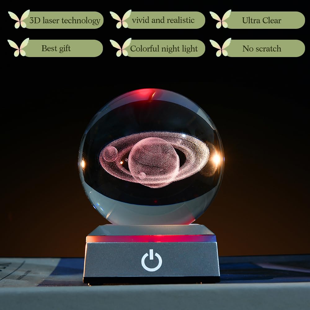 Zrenjhus 3D Saturn Crystal Ball Saturn Night Light Planet Model With Laser Engraved Saturn And Led Light Base Luminous Snow Ball