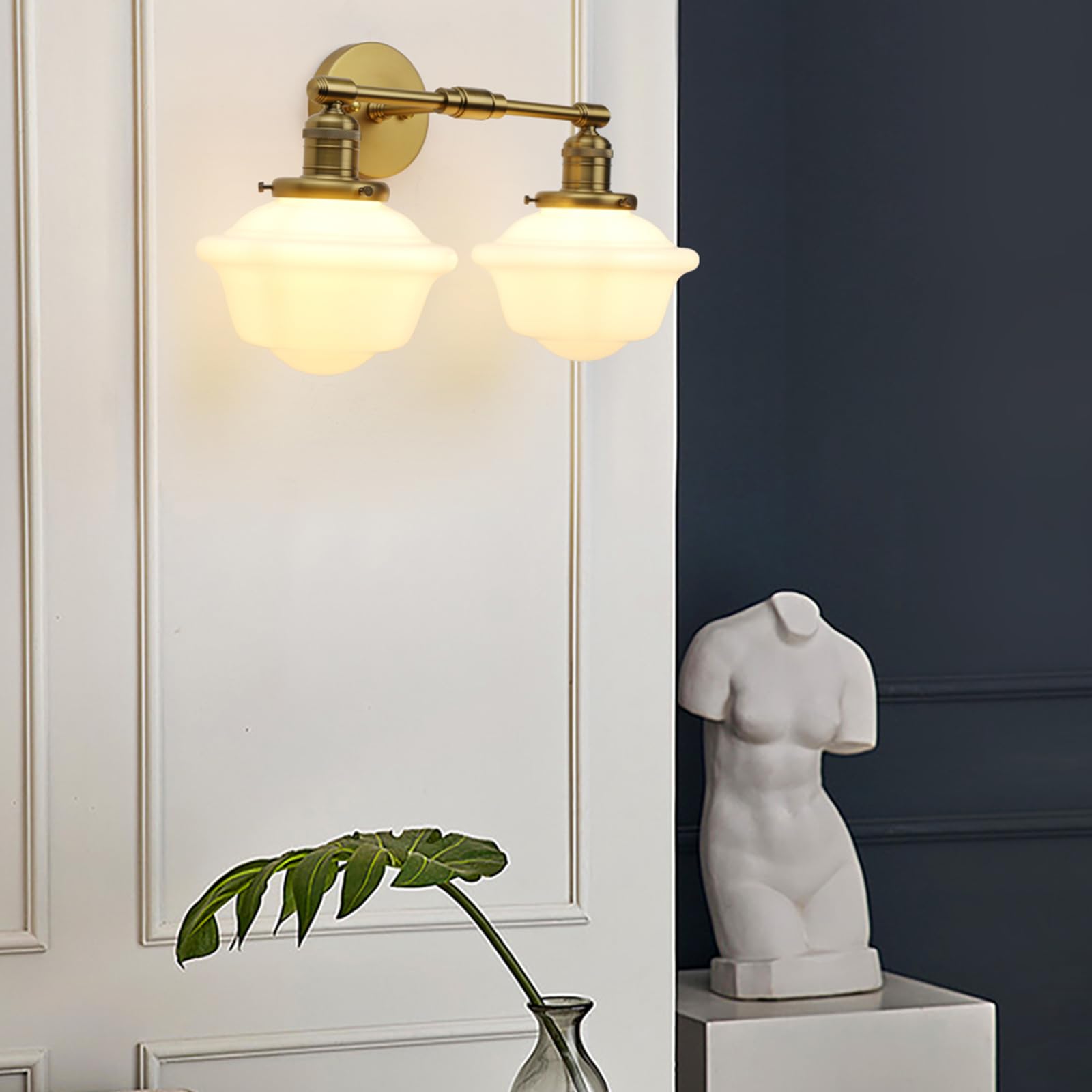 Pathson Wall Sconce Lights, 2-Lights Modern Classic Milk White Glass, Brass, Model XLUS1154D