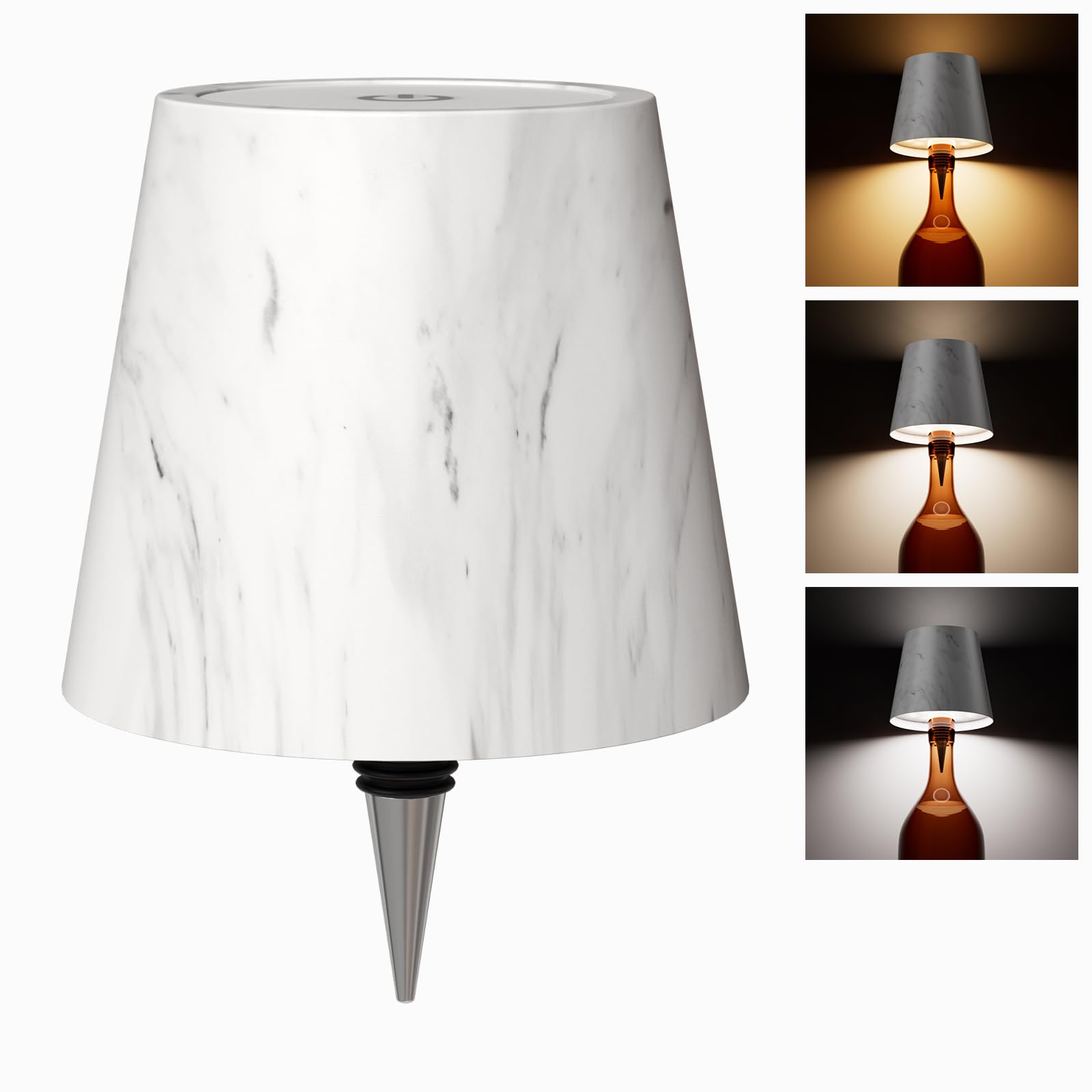 WOKWOYIO Wireless Bottle Lamp with 3 Color Temperatures, Rechargeable, Metal, Marble Color