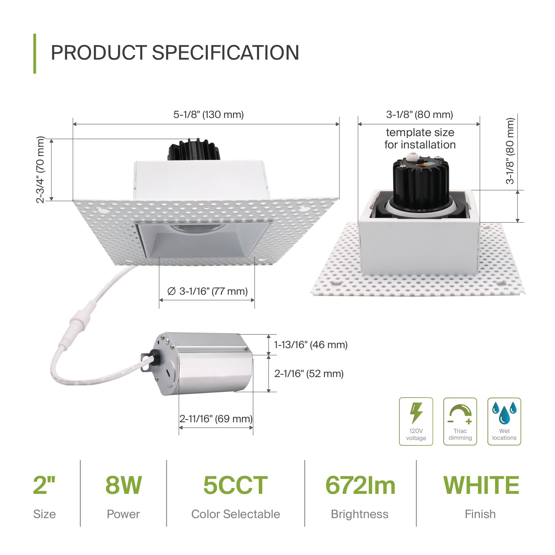 ASD Trimless Gimbal LED Recessed Lighting 8W 120V 2in Square Downlight 5 CCT 2700K-5000K White Model A-CD-TGS