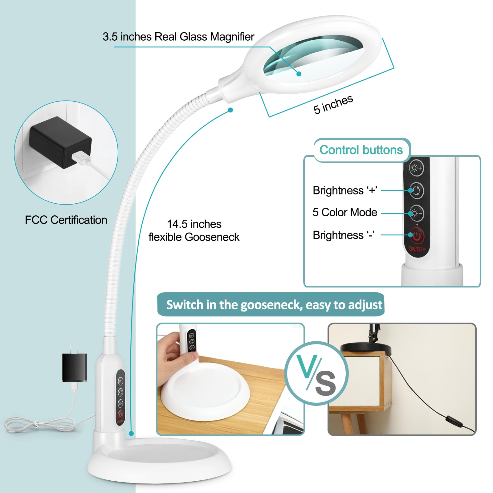 TOMSOO 10X Magnifying Glass with Light, Stepless Dimmable, Flexible Gooseneck, White, Model MG-04