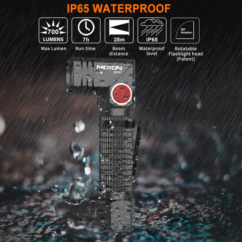 NICRON B74T Red Light Flashlight, Rechargeable LED White Light 700 Lumen with Magnetic Base, Clip, IP65 Waterproof for Camping,