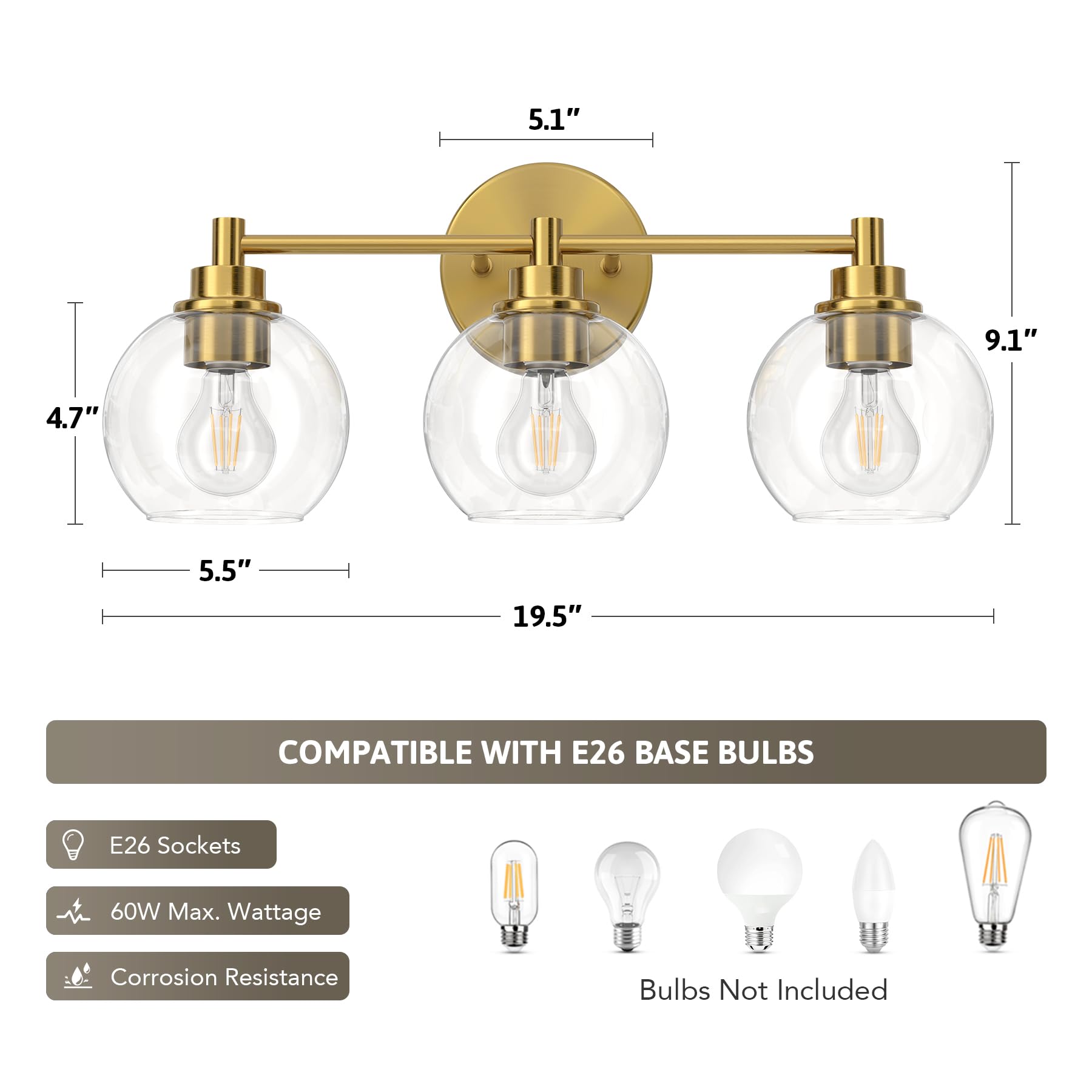 Vonluce Bathroom Light Fixtures, 3-Light Bathroom Vanity Light With Globe Glass Shades E26 Sockets, Vanity Lights Over Mirror Fo