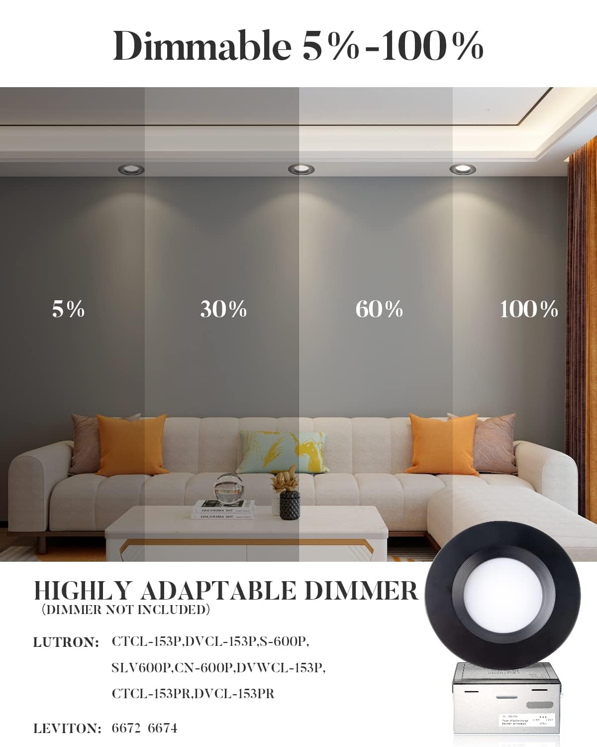 Lightdot 12W Dimmable LED Downlight, 3CCT Selectable (3000K/4000K/5000K), Black, 6 Inch Canless Ceiling Light,