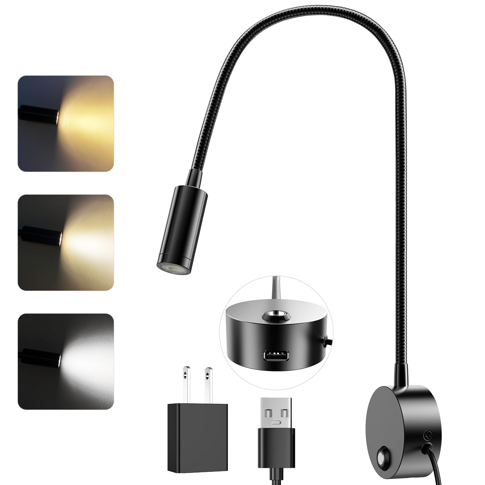 ERAY LED Wall Mount Reading Light, 15in Gooseneck, Dimmable, USB Charging, Aluminum, Black, Model E280-Leselampe
